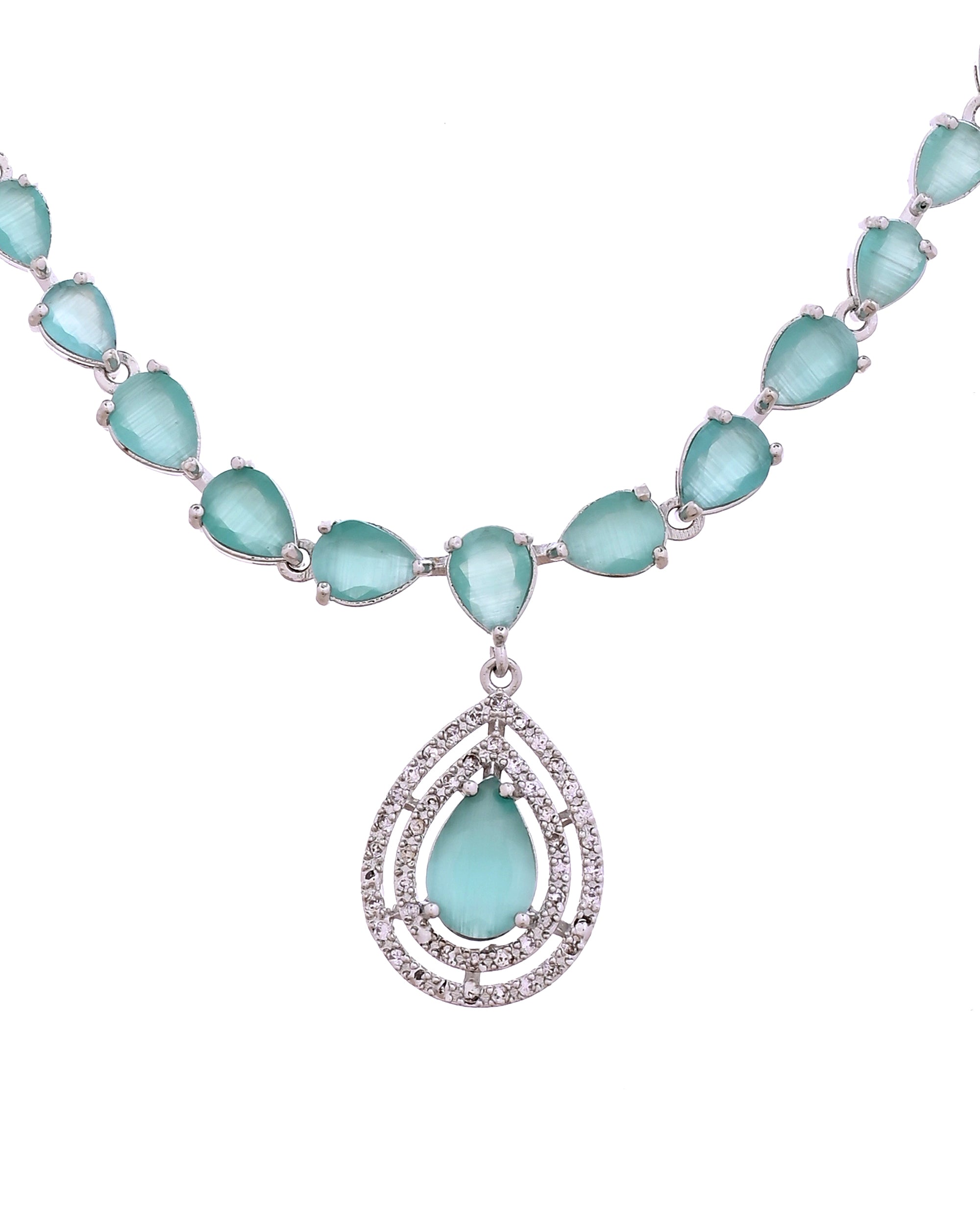 VOJ Silver Toned Teal Green Teardrop Shaped Stone Ad Necklace Set - Dista