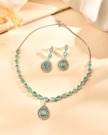 VOJ Silver Toned Teal Green Teardrop Shaped Stone Ad Necklace Set - Dista