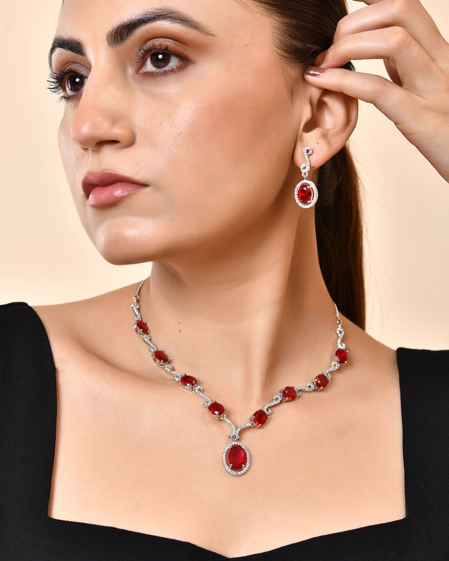 VOJ Silver Plated Oval Ruby Red Stone Studded Ad Jewellery Set - Dista