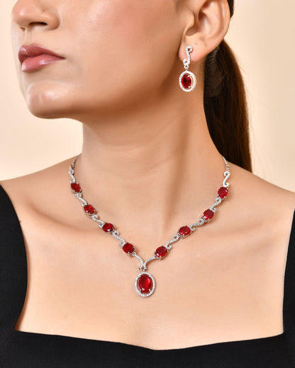 VOJ Silver Plated Oval Ruby Red Stone Studded Ad Jewellery Set - Dista