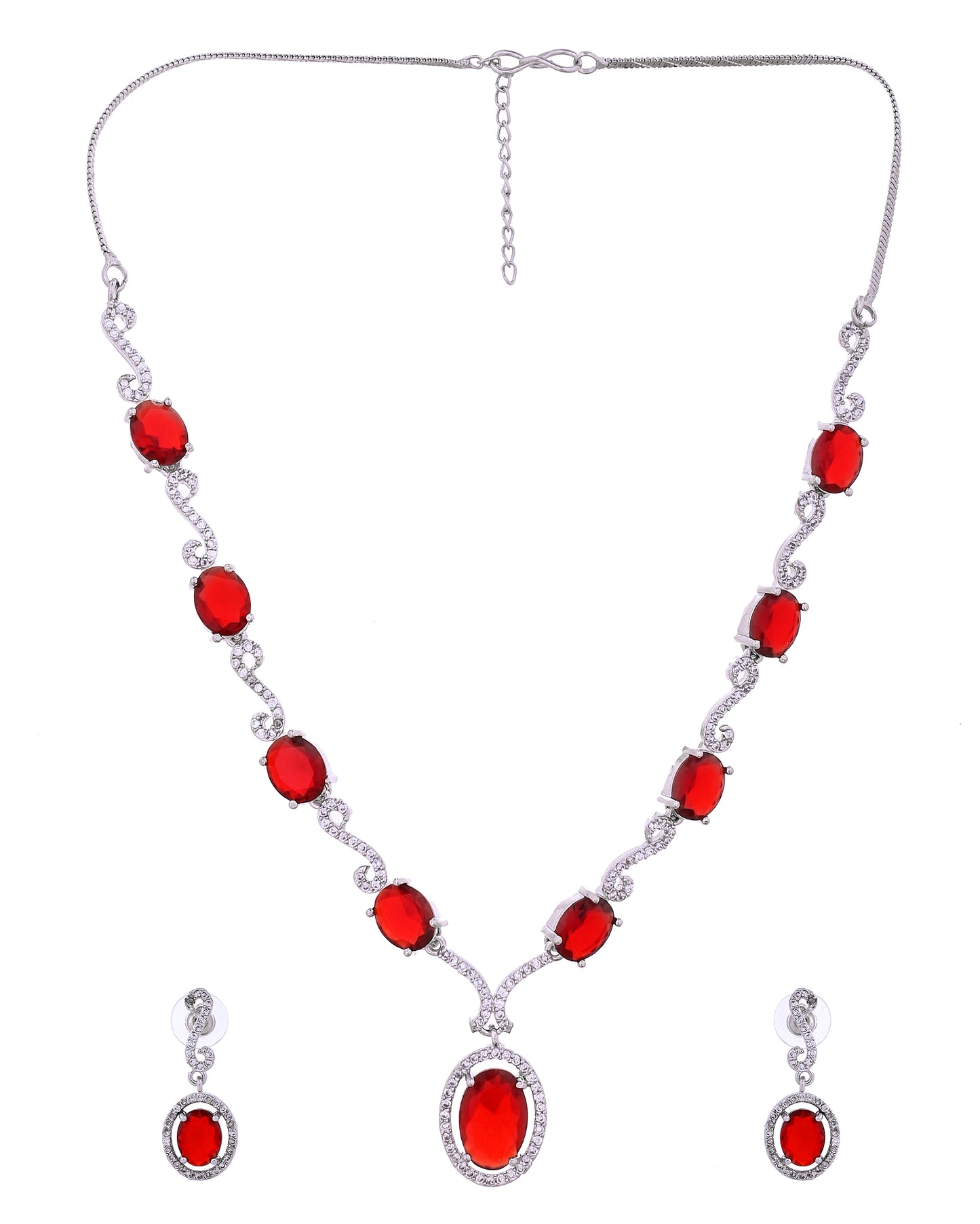 VOJ Silver Plated Oval Ruby Red Stone Studded Ad Jewellery Set - Dista