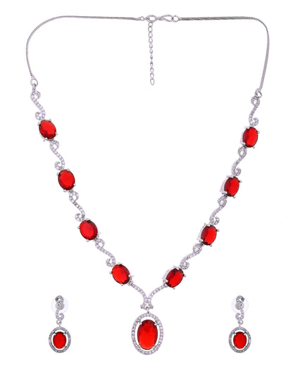 VOJ Silver Plated Oval Ruby Red Stone Studded Ad Jewellery Set - Dista