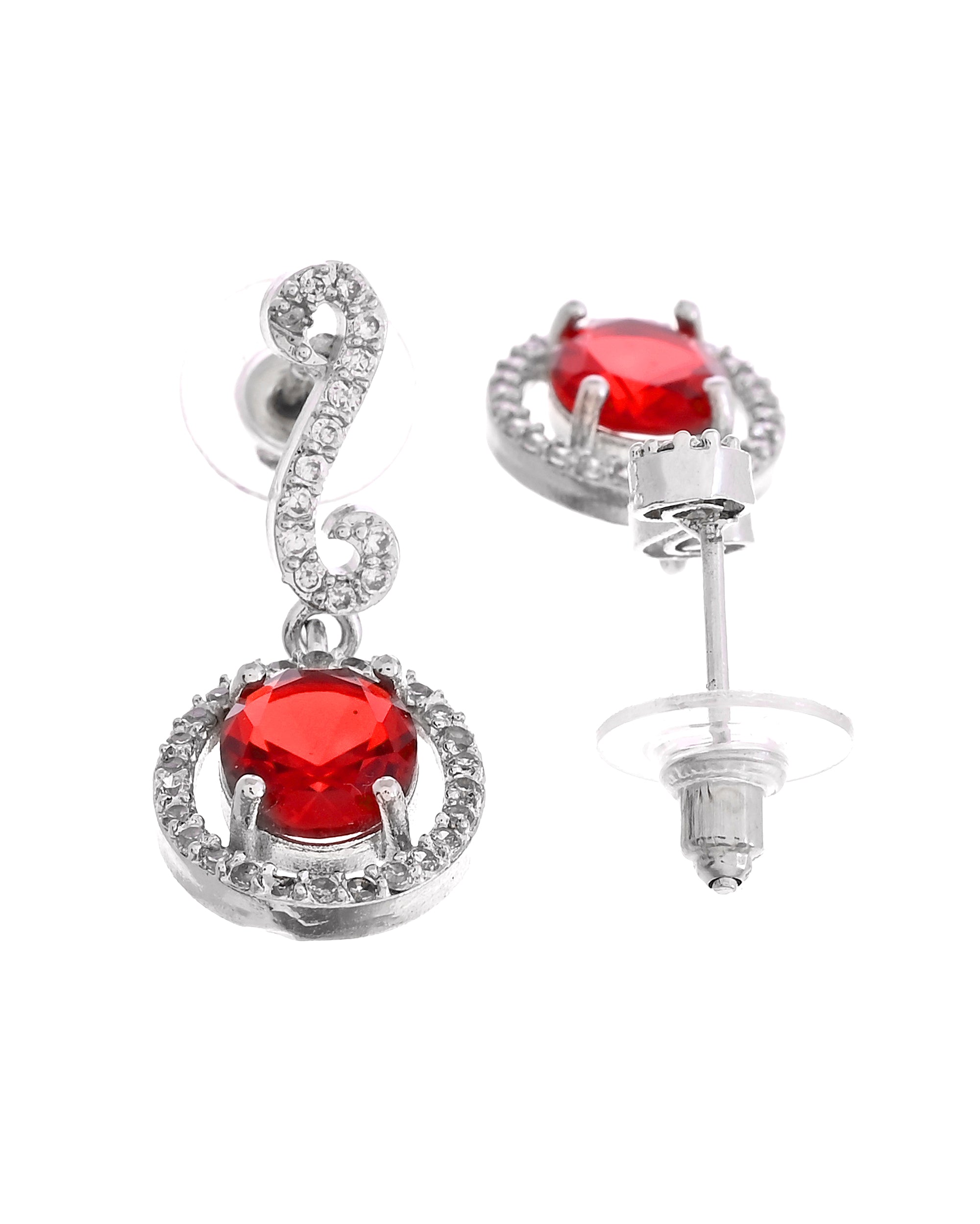 VOJ Silver Plated Oval Ruby Red Stone Studded Ad Jewellery Set