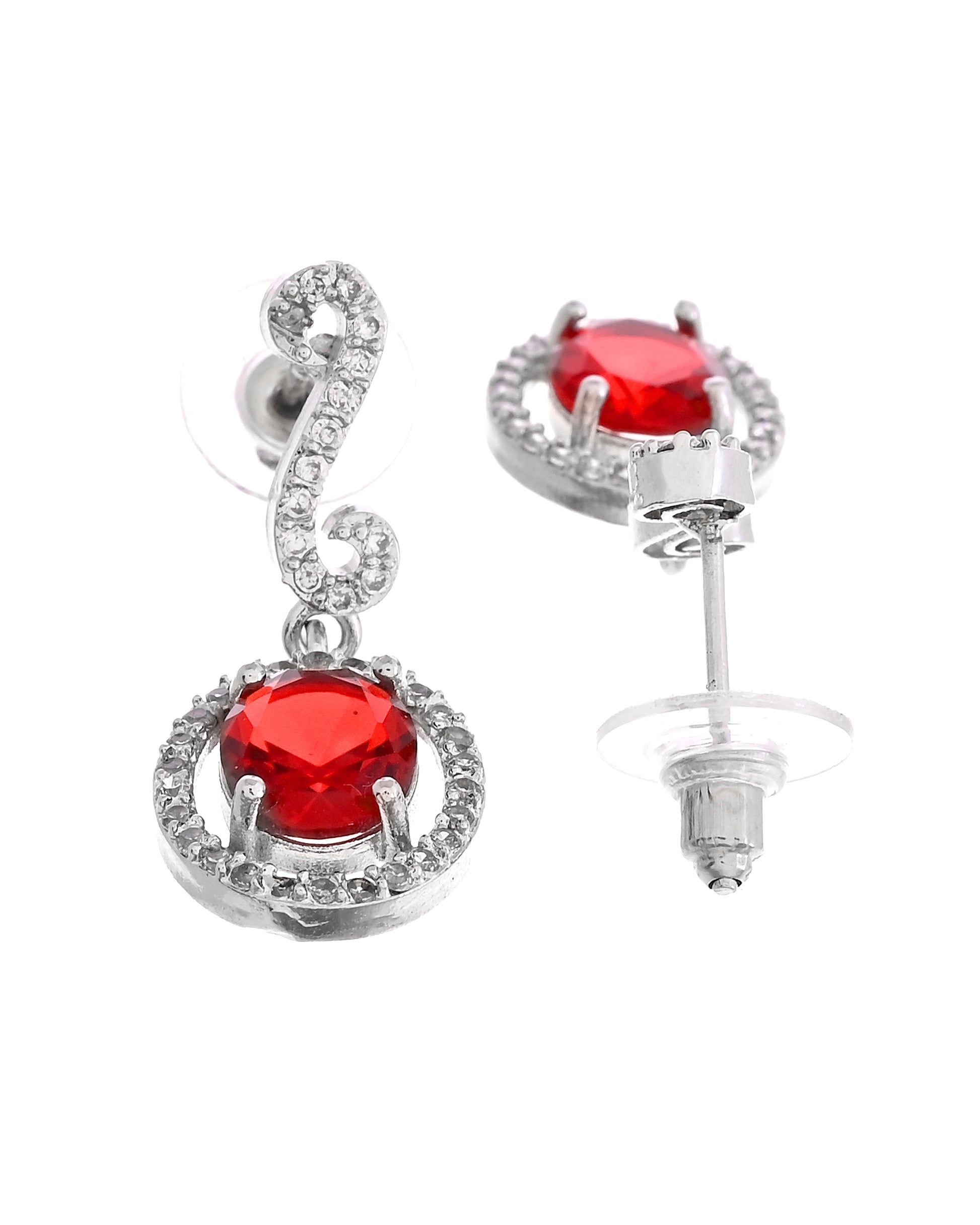 VOJ Silver Plated Oval Ruby Red Stone Studded Ad Jewellery Set - Dista