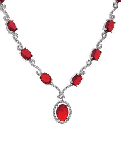 VOJ Silver Plated Oval Ruby Red Stone Studded Ad Jewellery Set - Dista