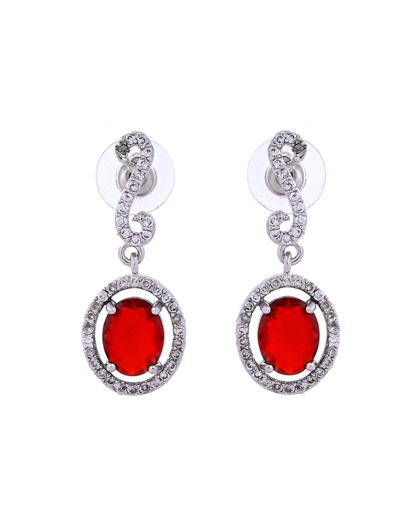 VOJ Silver Plated Oval Ruby Red Stone Studded Ad Jewellery Set - Dista