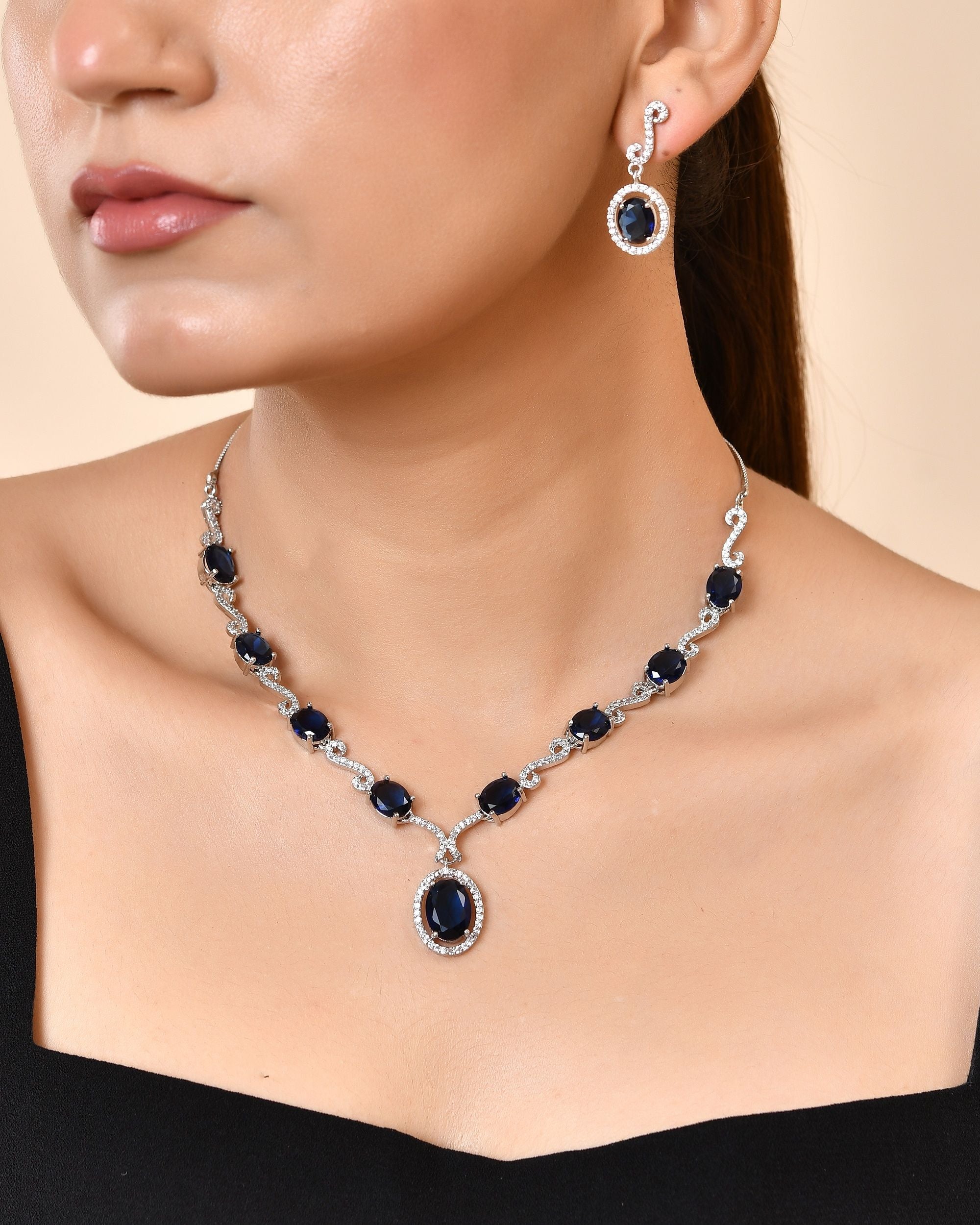 VOJ Silver Plated Oval Blue Stone Studded Ad Jewellery Set - Dista
