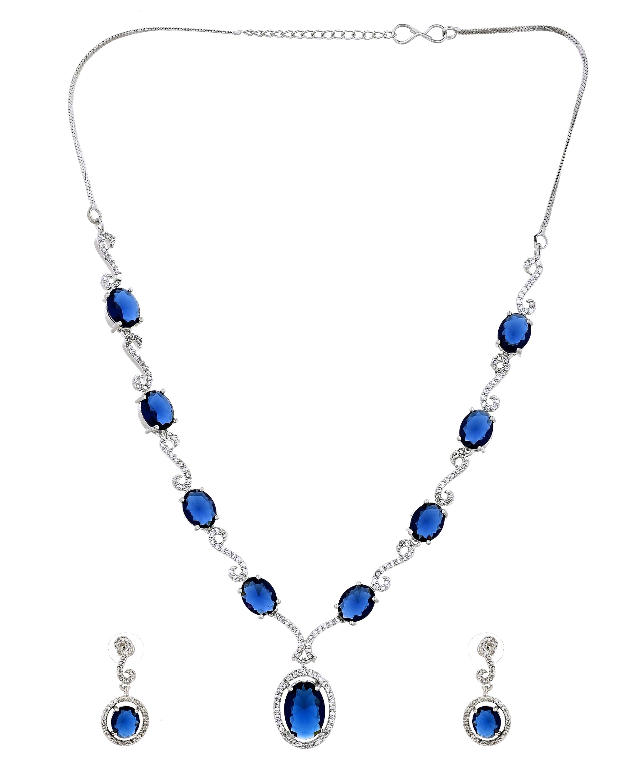 VOJ Silver Plated Oval Blue Stone Studded Ad Jewellery Set - Dista