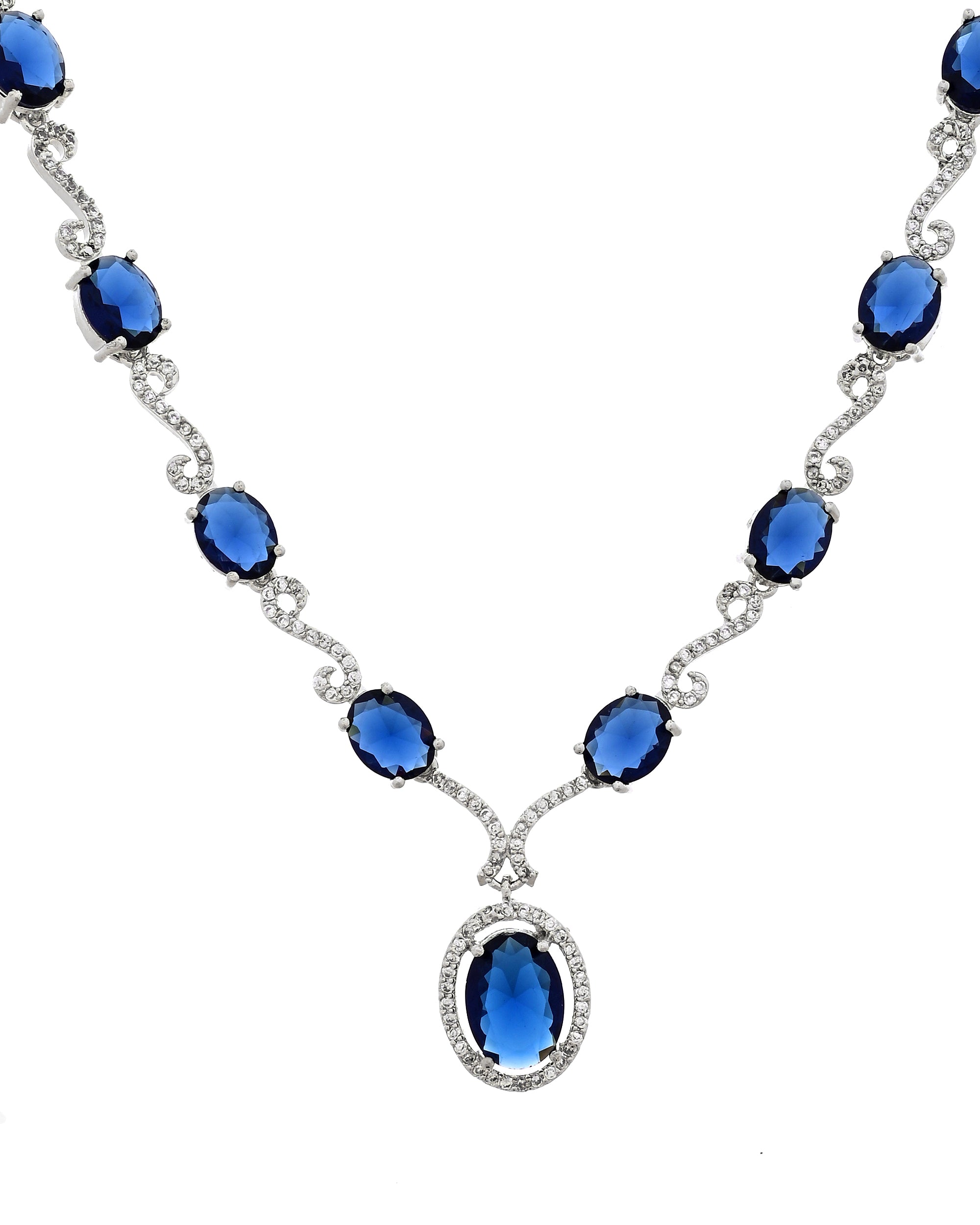 VOJ Silver Plated Oval Blue Stone Studded Ad Jewellery Set - Dista