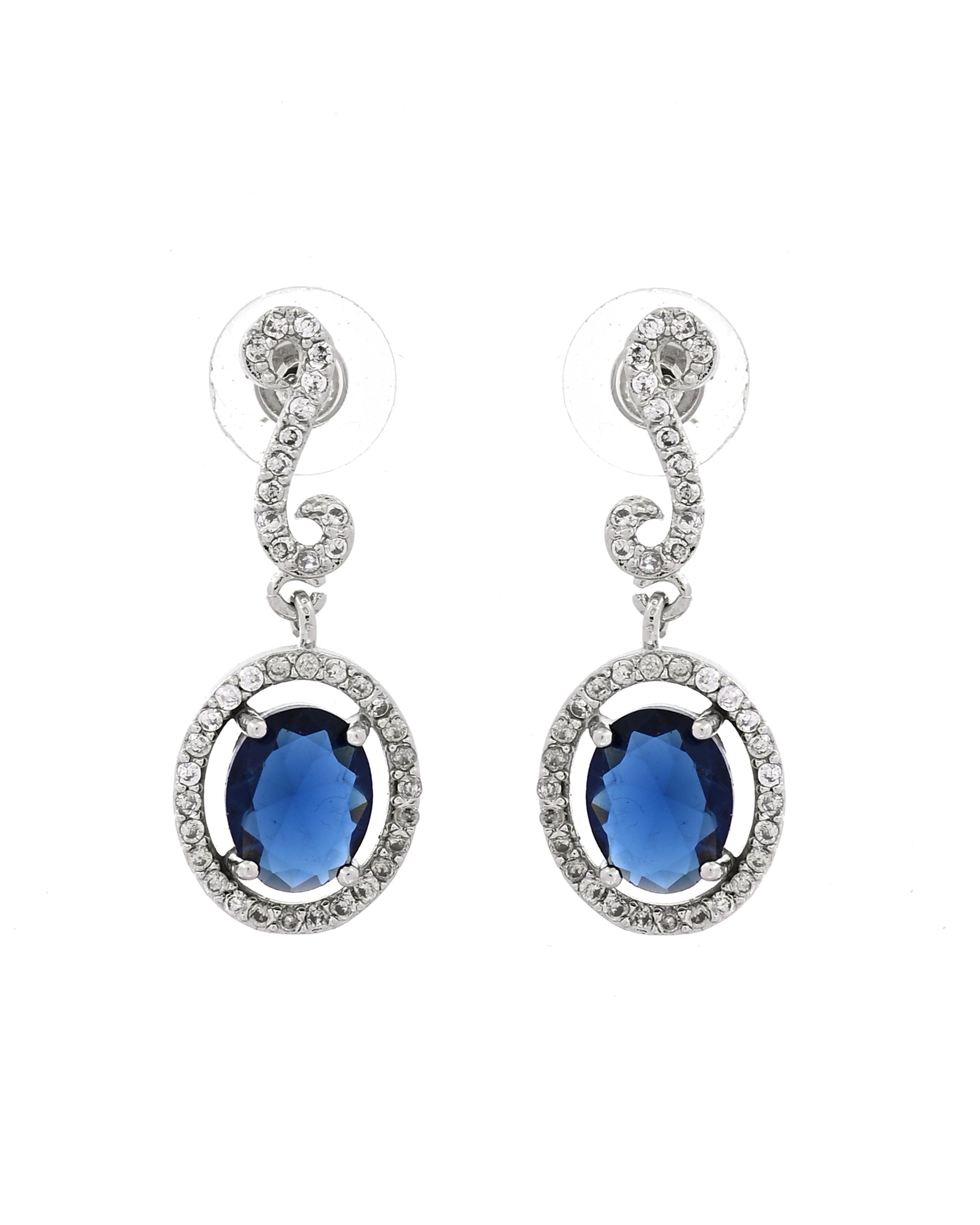 VOJ Silver Plated Oval Blue Stone Studded Ad Jewellery Set - Dista