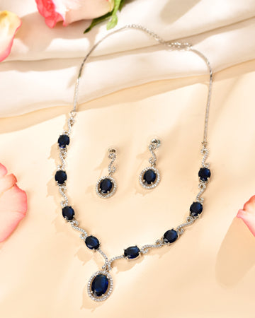 VOJ Silver Plated Oval Blue Stone Studded Ad Jewellery Set - Dista