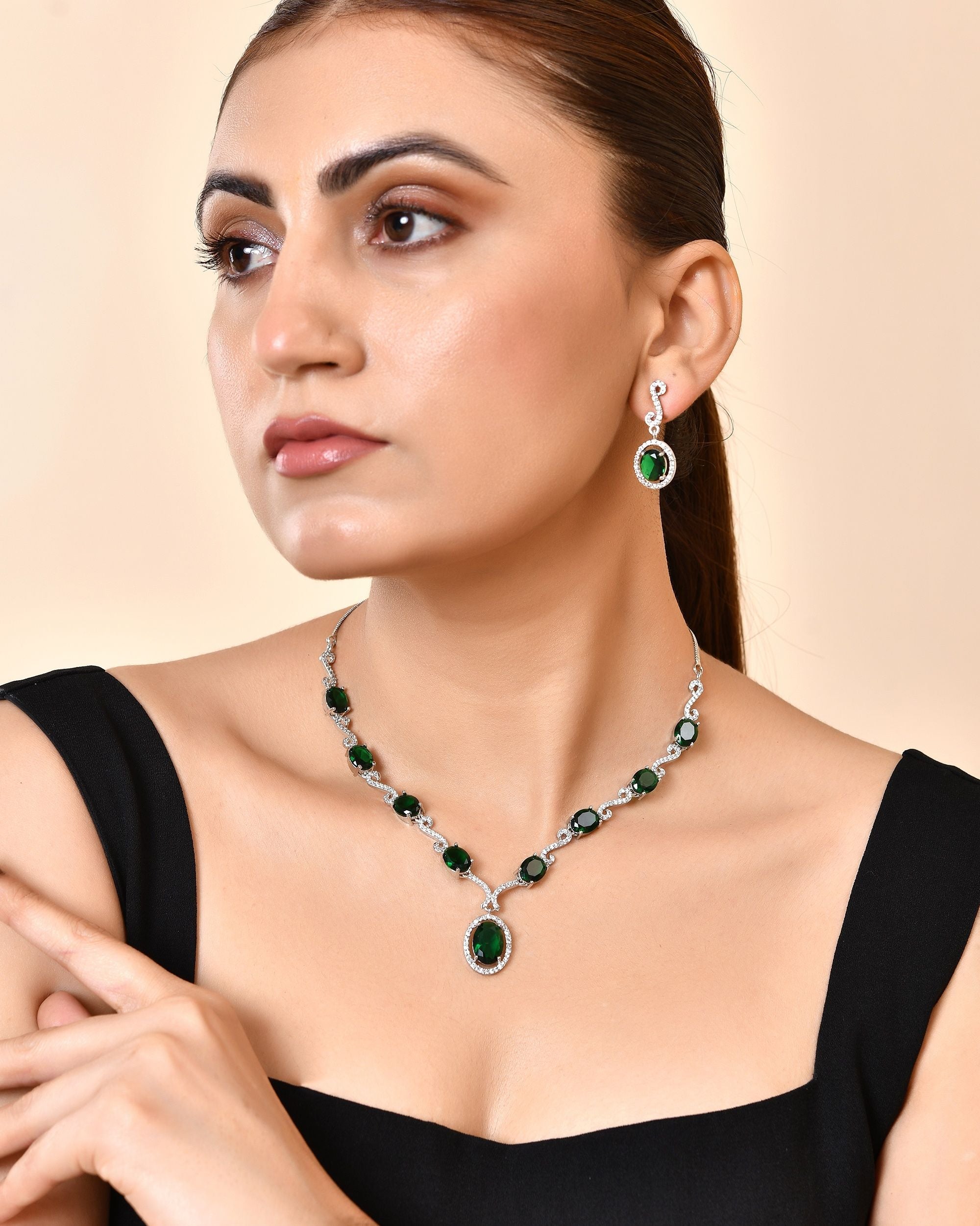 VOJ Silver Plated Oval Green Stone Studded Ad Jewellery Set - Dista