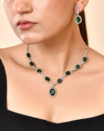 Thumbnail for VOJ Silver Plated Oval Green Stone Studded Ad Jewellery Set - Dista
