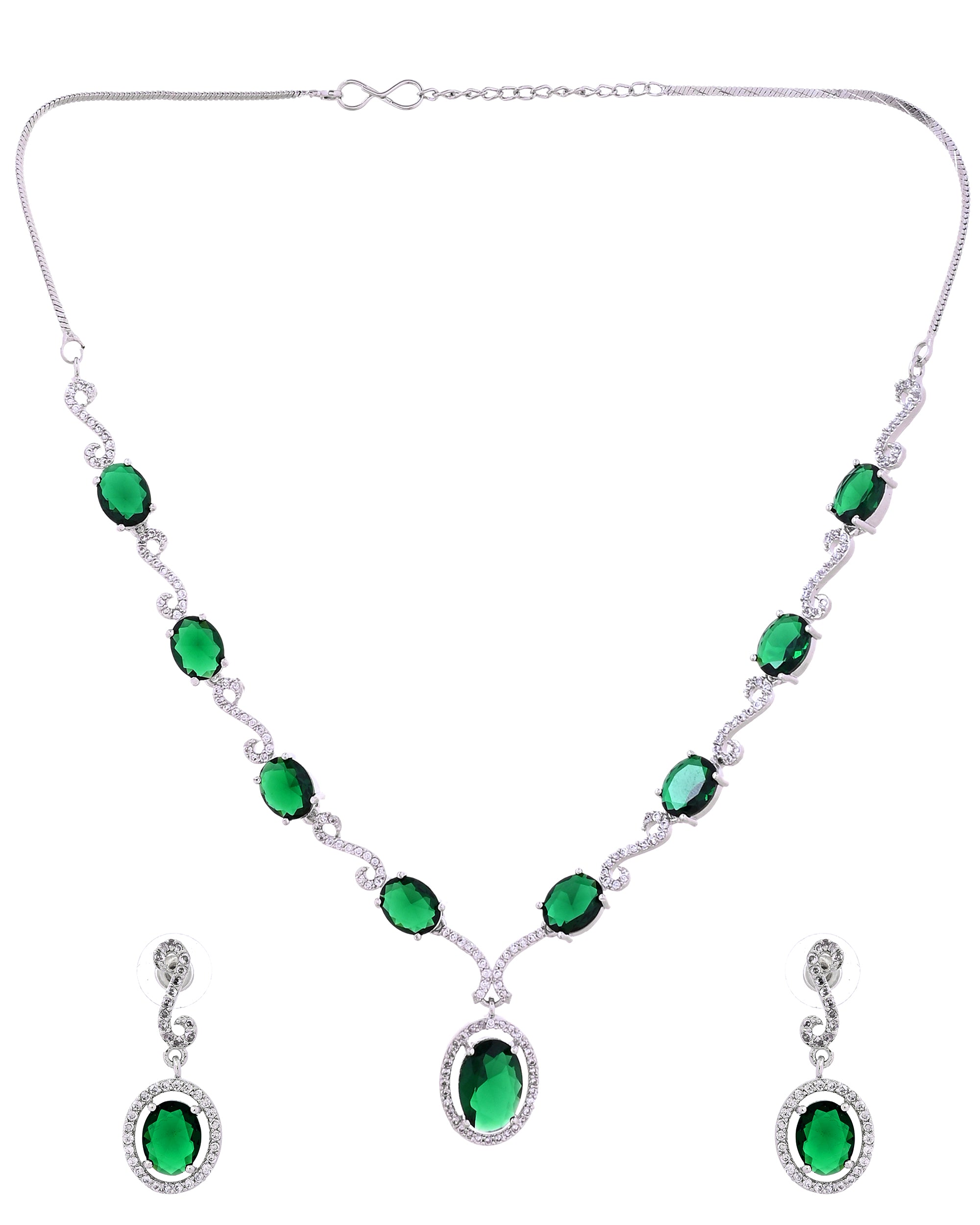 VOJ Silver Plated Oval Green Stone Studded Ad Jewellery Set - Dista
