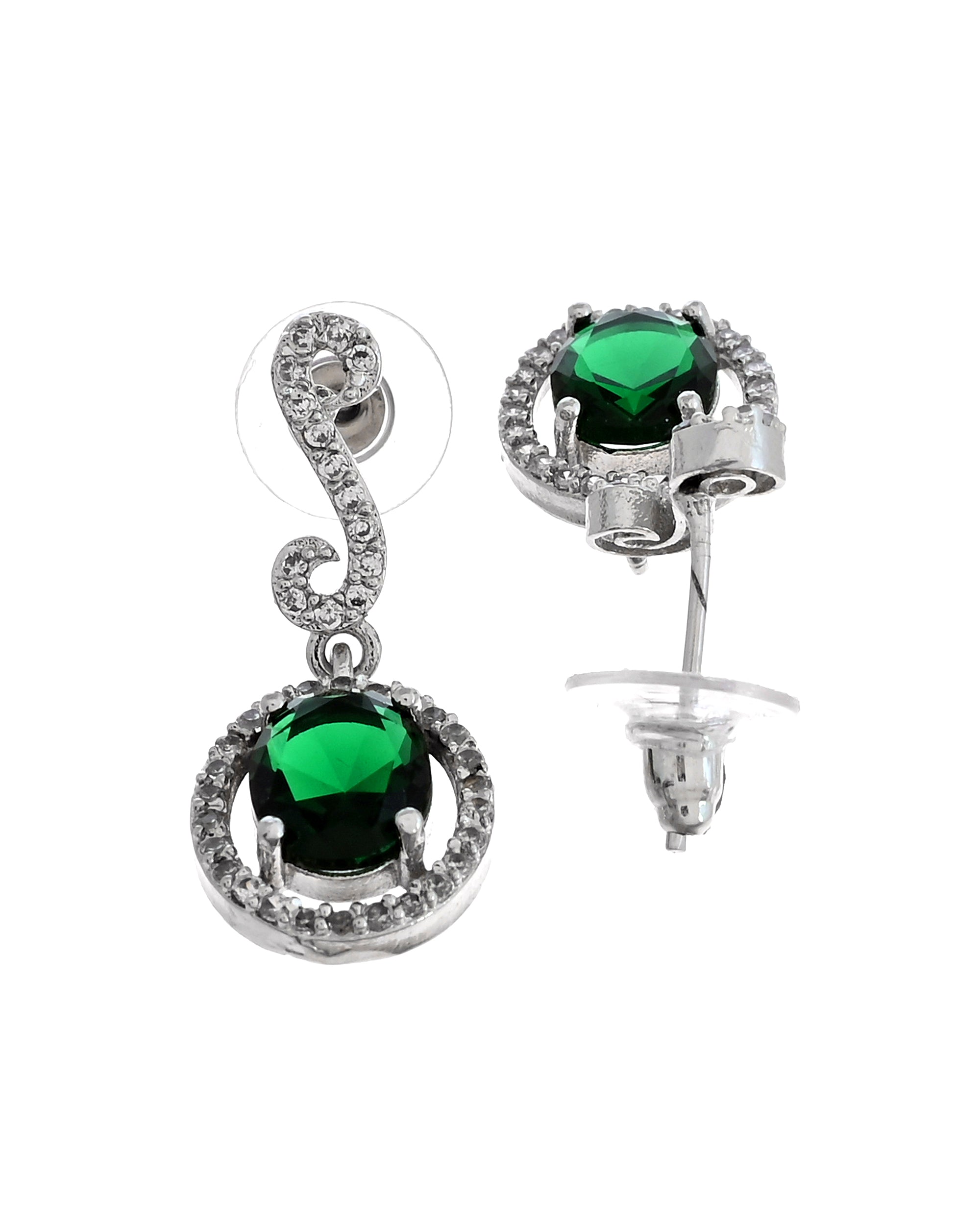 VOJ Silver Plated Oval Green Stone Studded Ad Jewellery Set - Dista