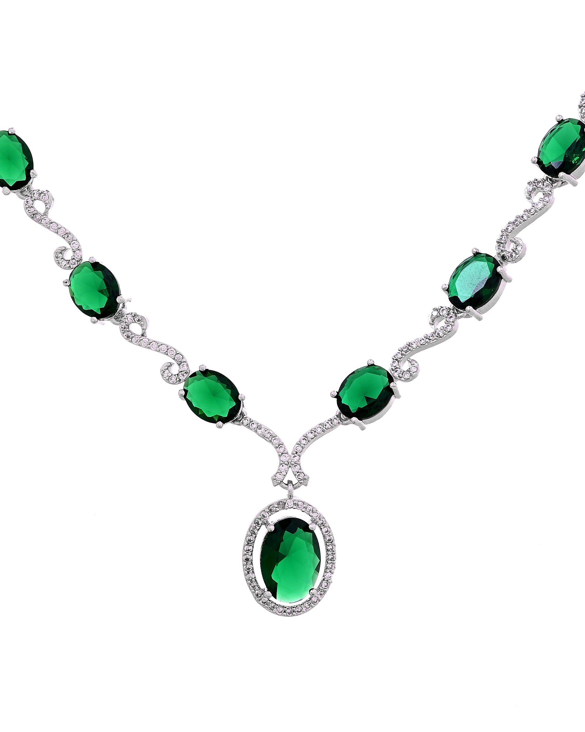 VOJ Silver Plated Oval Green Stone Studded Ad Jewellery Set - Dista