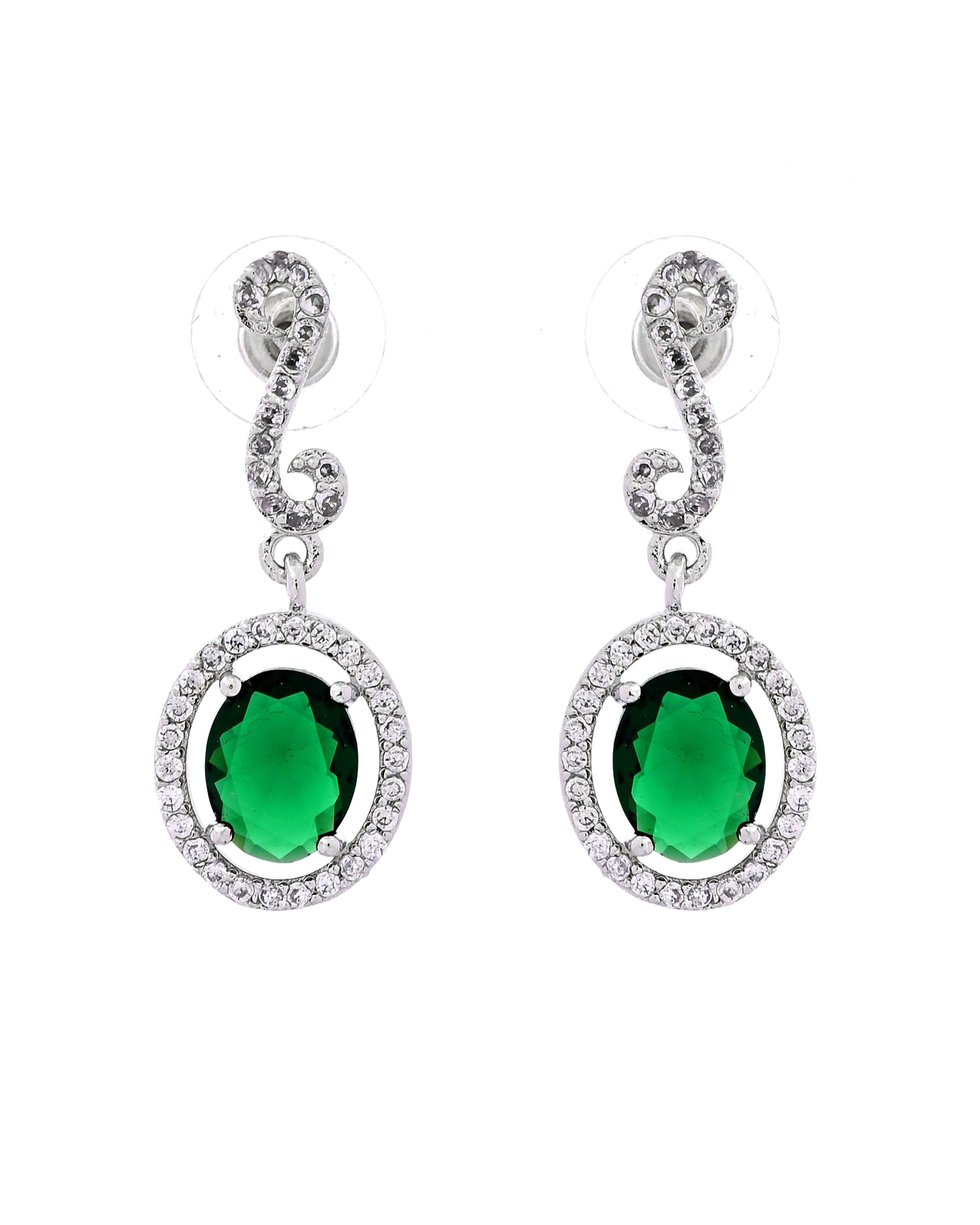 VOJ Silver Plated Oval Green Stone Studded Ad Jewellery Set - Dista