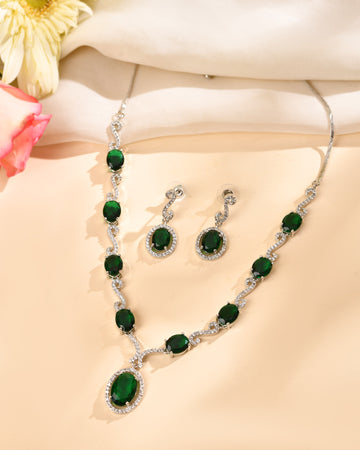 VOJ Silver Plated Oval Green Stone Studded Ad Jewellery Set - Dista