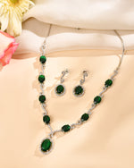 Thumbnail for VOJ Silver Plated Oval Green Stone Studded Ad Jewellery Set - Dista