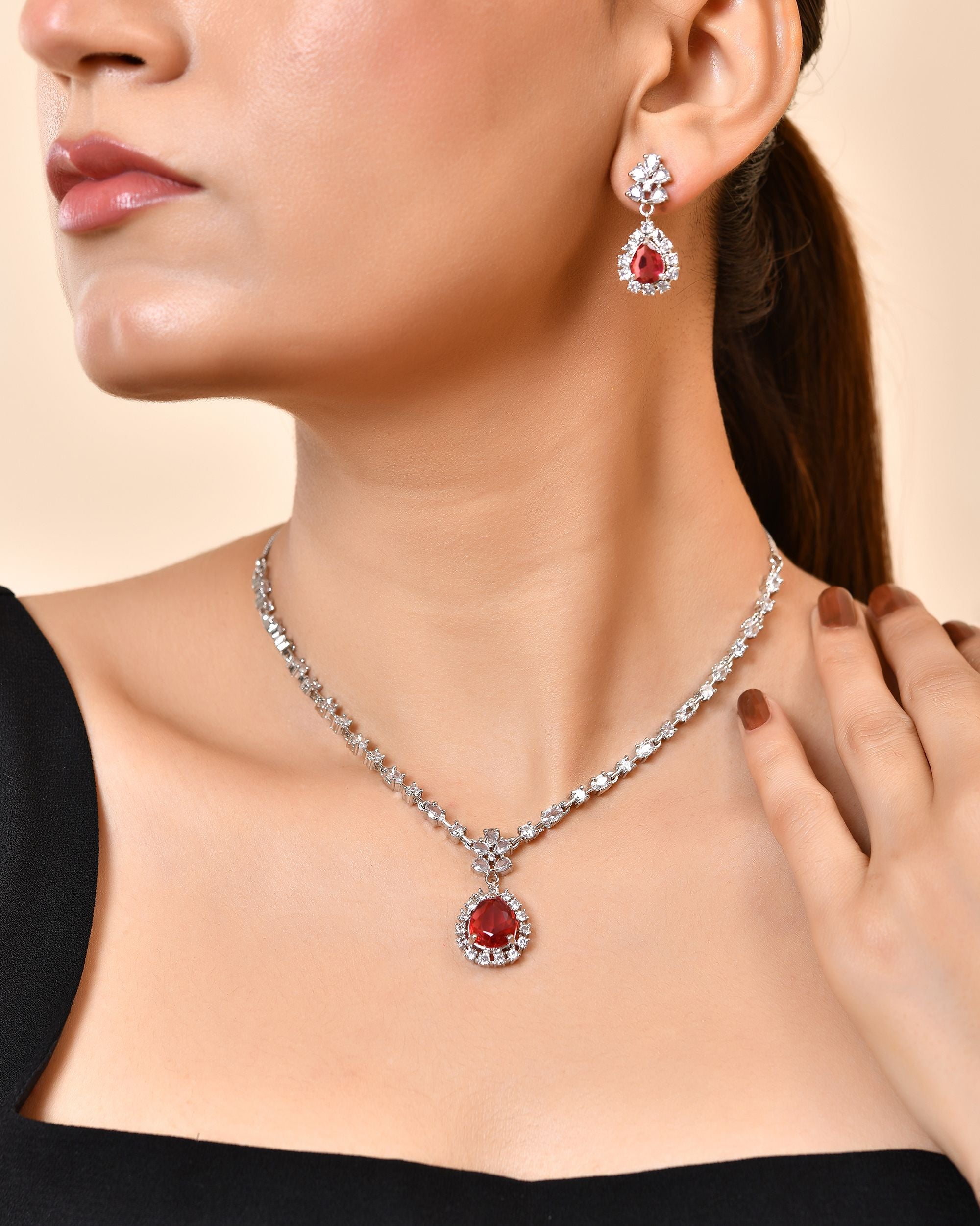 VOJ Silver Plated Pink Drop Shaped Stone With Ad Stone Simple Jewellery Set - Dista