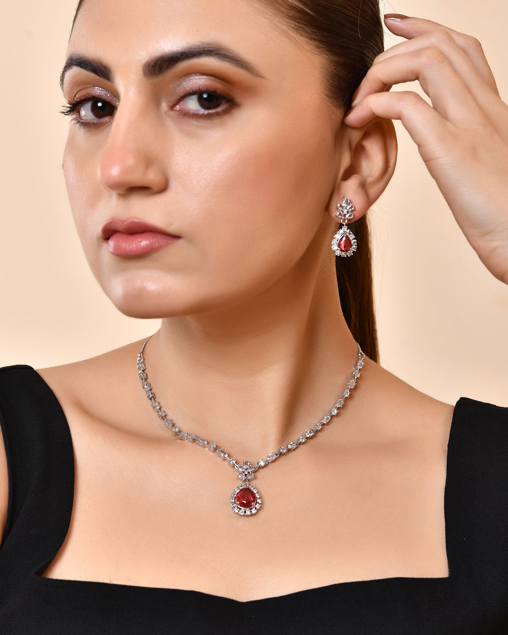 VOJ Silver Plated Pink Drop Shaped Stone With Ad Stone Simple Jewellery Set - Dista