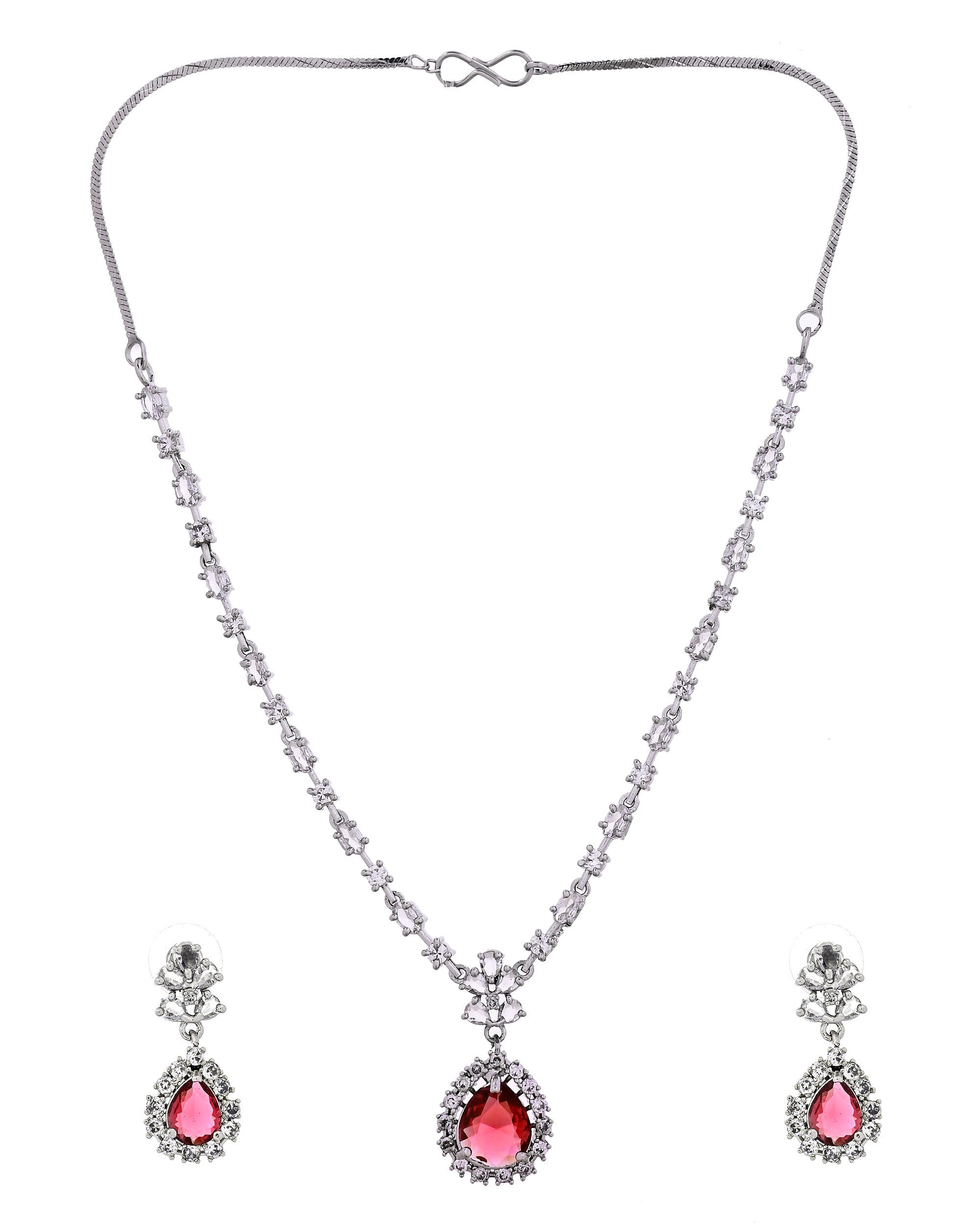 VOJ Silver Plated Pink Drop Shaped Stone With Ad Stone Simple Jewellery Set - Dista
