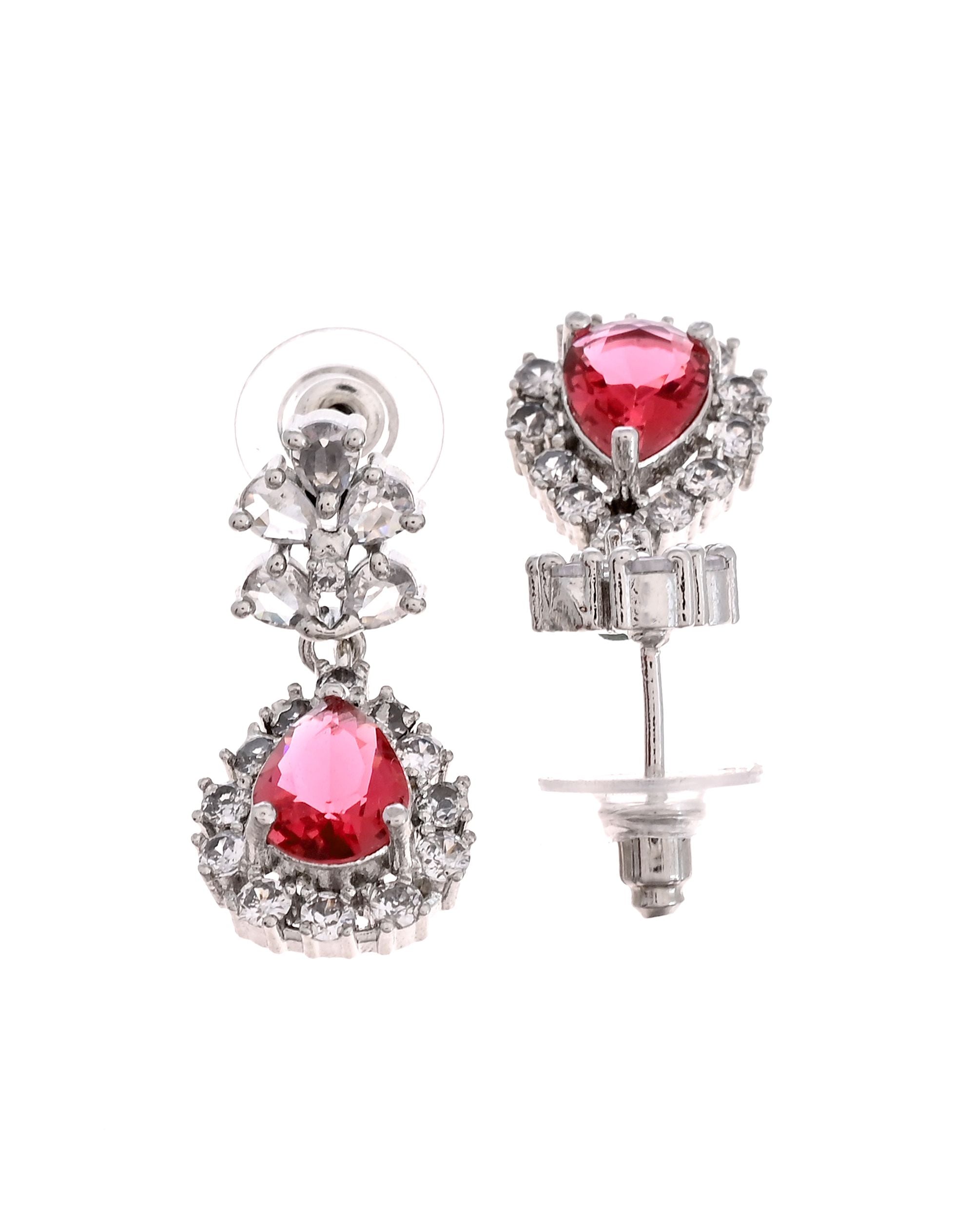 VOJ Silver Plated Pink Drop Shaped Stone With Ad Stone Simple Jewellery Set - Dista