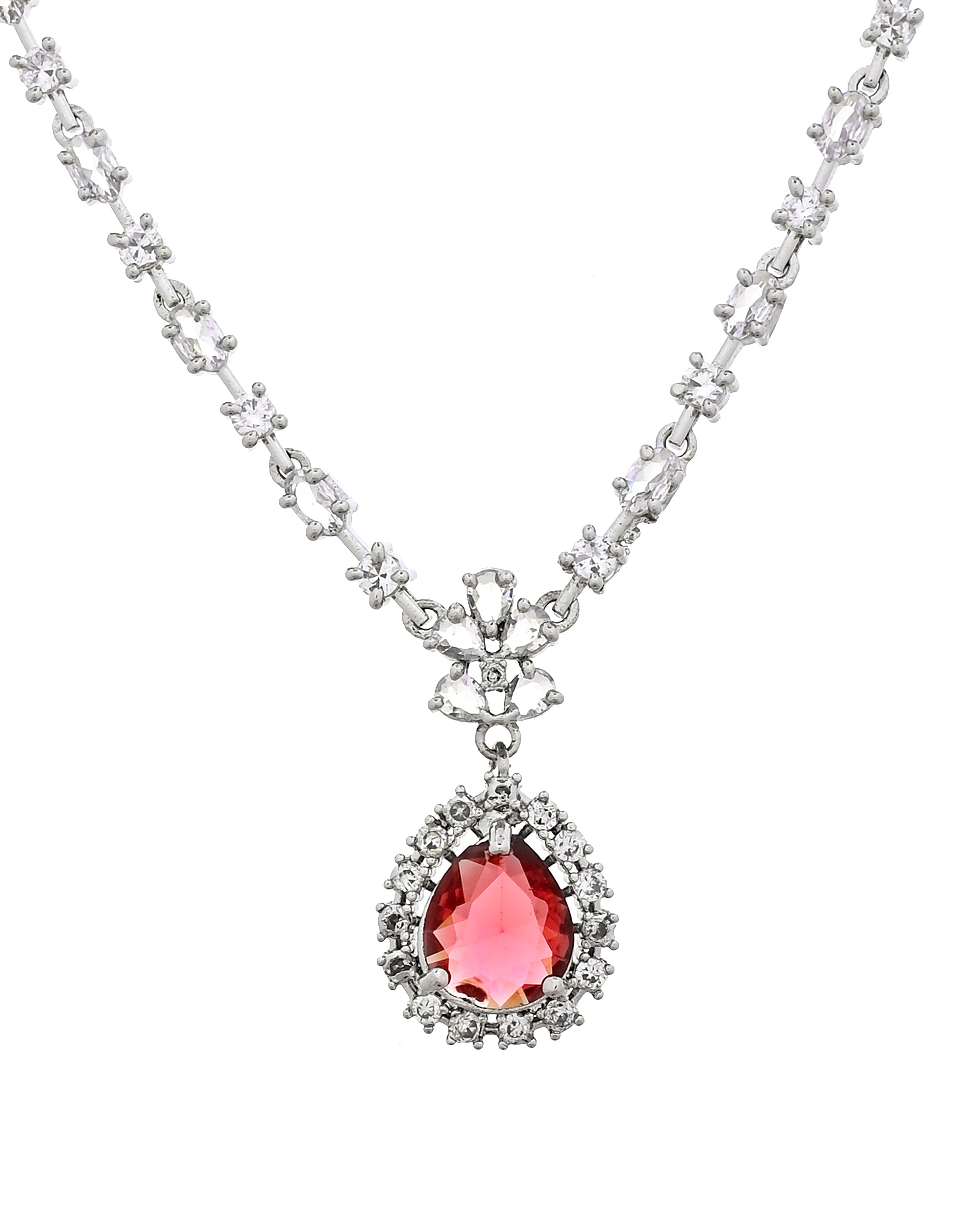 VOJ Silver Plated Pink Drop Shaped Stone With Ad Stone Simple Jewellery Set - Dista