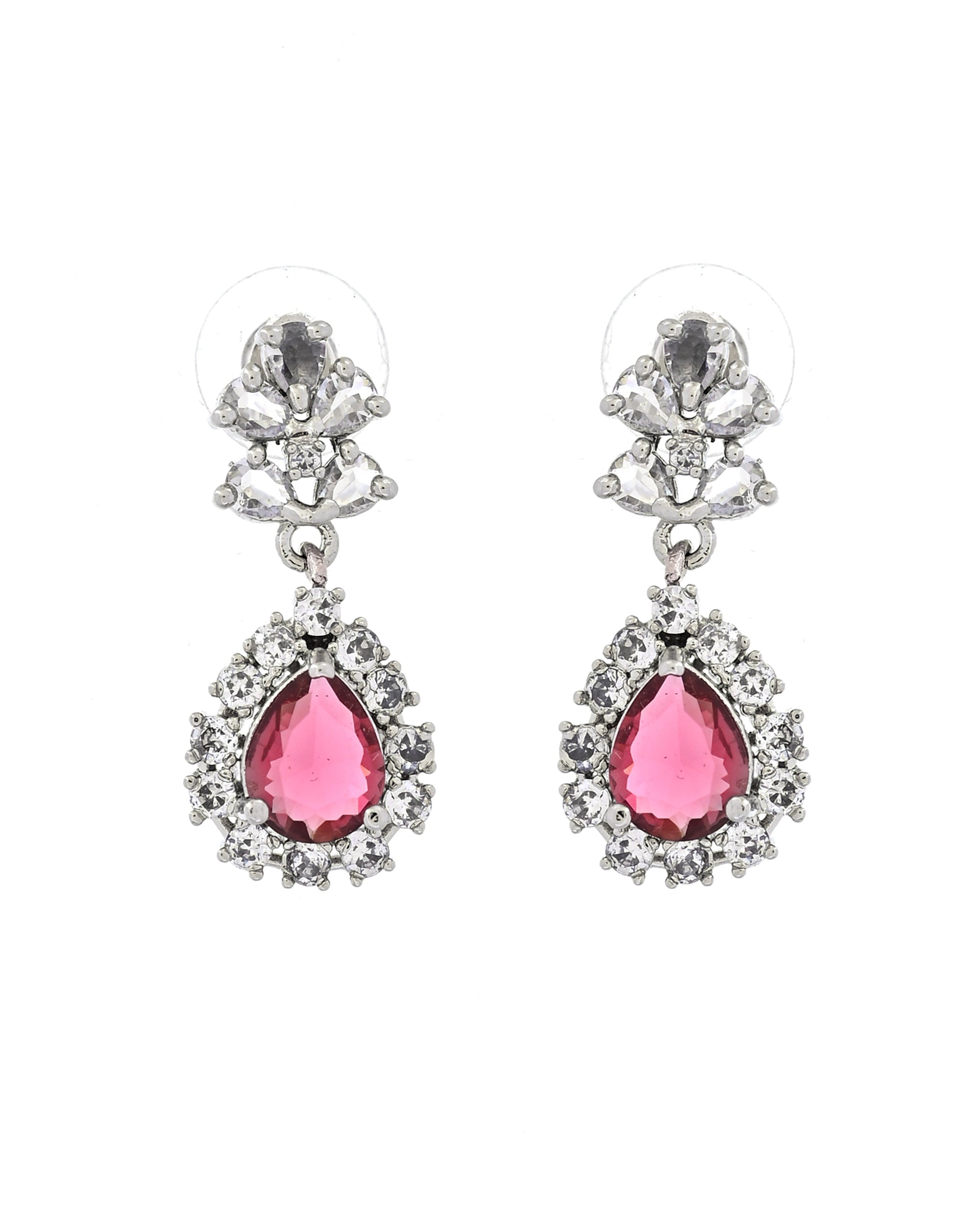 VOJ Silver Plated Pink Drop Shaped Stone With Ad Stone Simple Jewellery Set - Dista