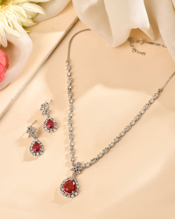 VOJ Silver Plated Pink Drop Shaped Stone With Ad Stone Simple Jewellery Set - Dista