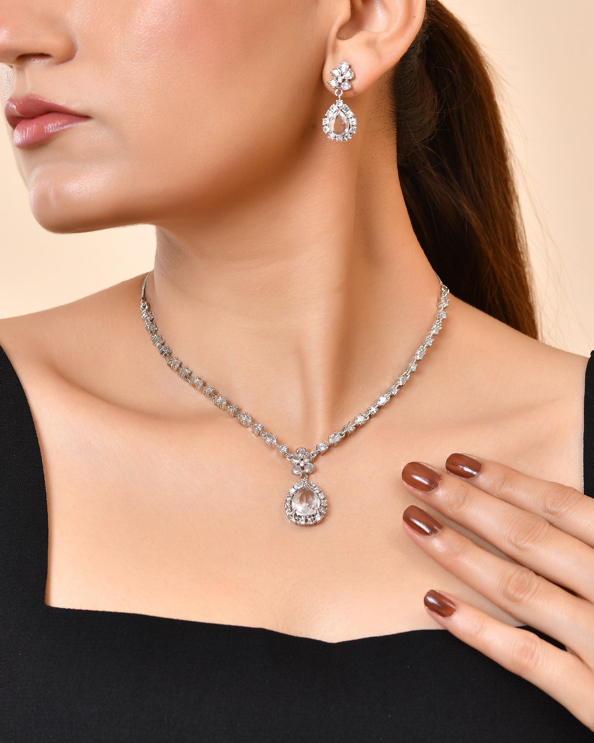 VOJ Silver Plated Drop Shaped Stone With Ad Stone Simple Jewellery Set - Dista