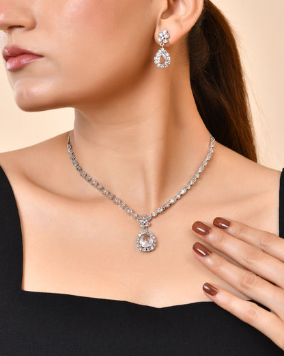 VOJ Silver Plated Drop Shaped Stone With Ad Stone Simple Jewellery Set - Dista