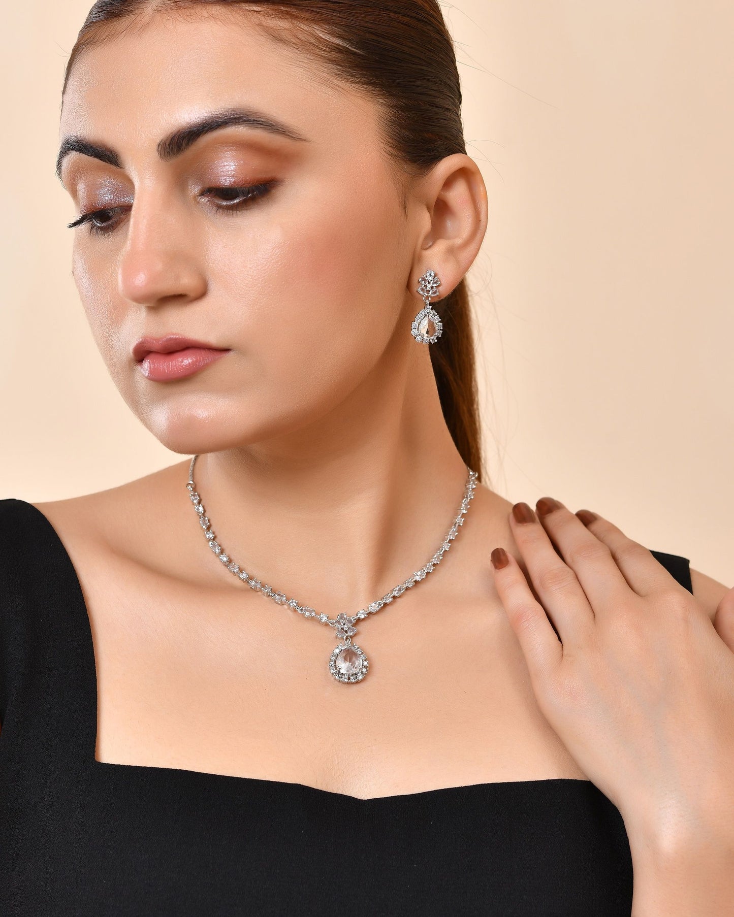 VOJ Silver Plated Drop Shaped Stone With Ad Stone Simple Jewellery Set - Dista
