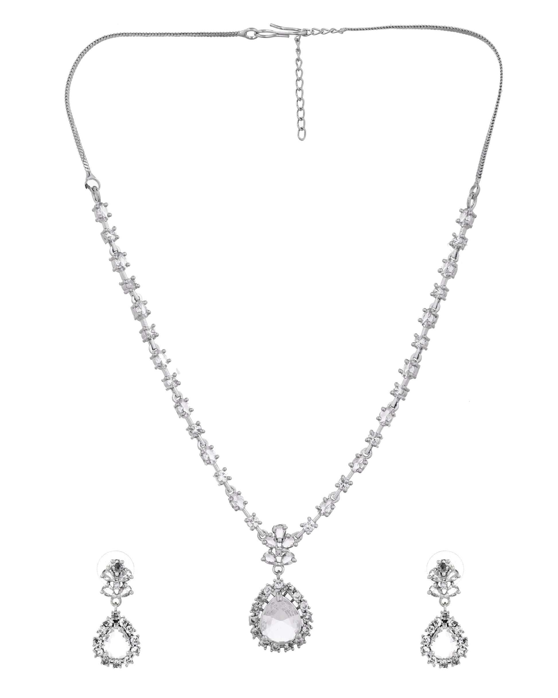 VOJ Silver Plated Drop Shaped Stone With Ad Stone Simple Jewellery Set - Dista