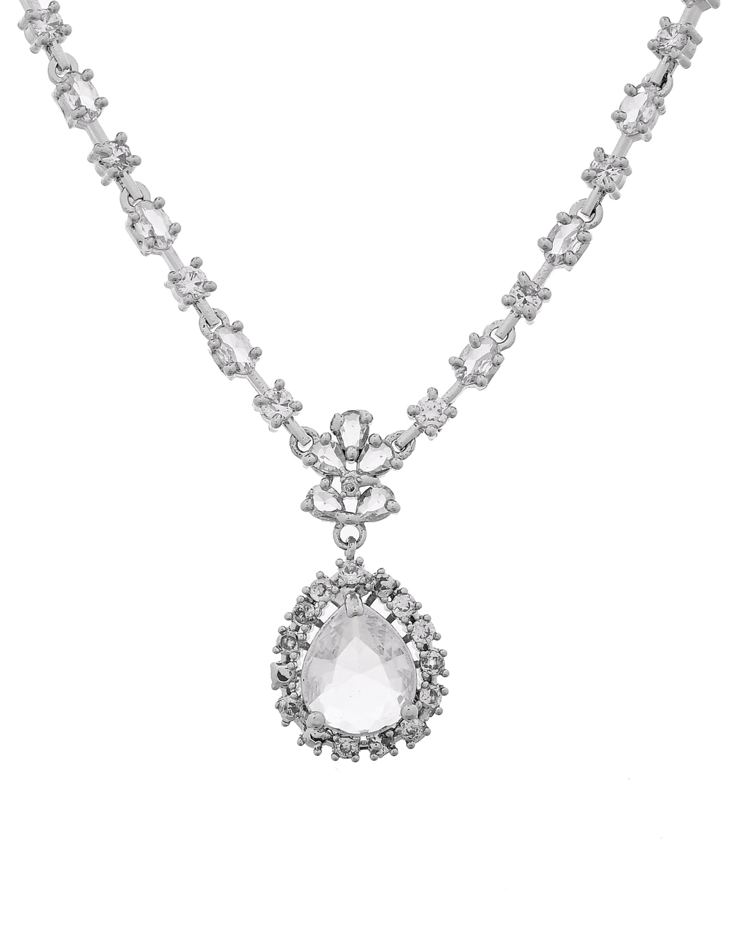 VOJ Silver Plated Drop Shaped Stone With Ad Stone Simple Jewellery Set - Dista