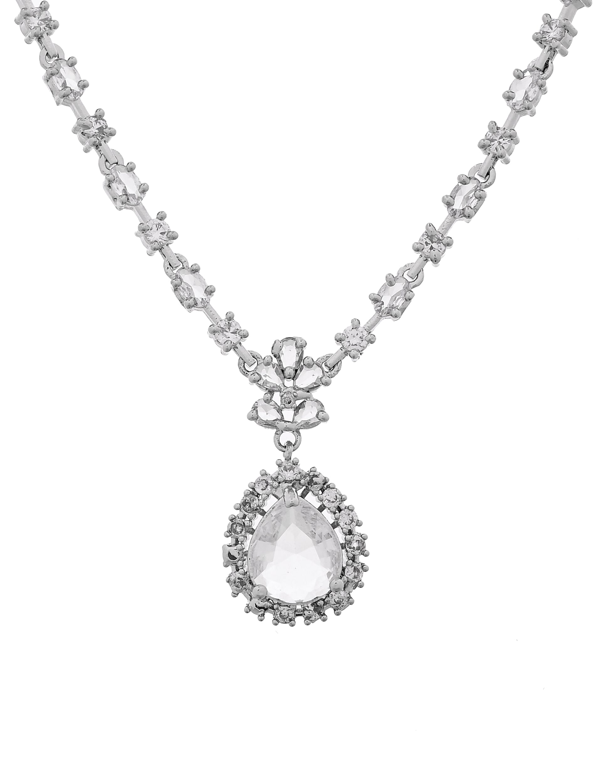 VOJ Silver Plated Drop Shaped Stone With Ad Stone Simple Jewellery Set - Dista