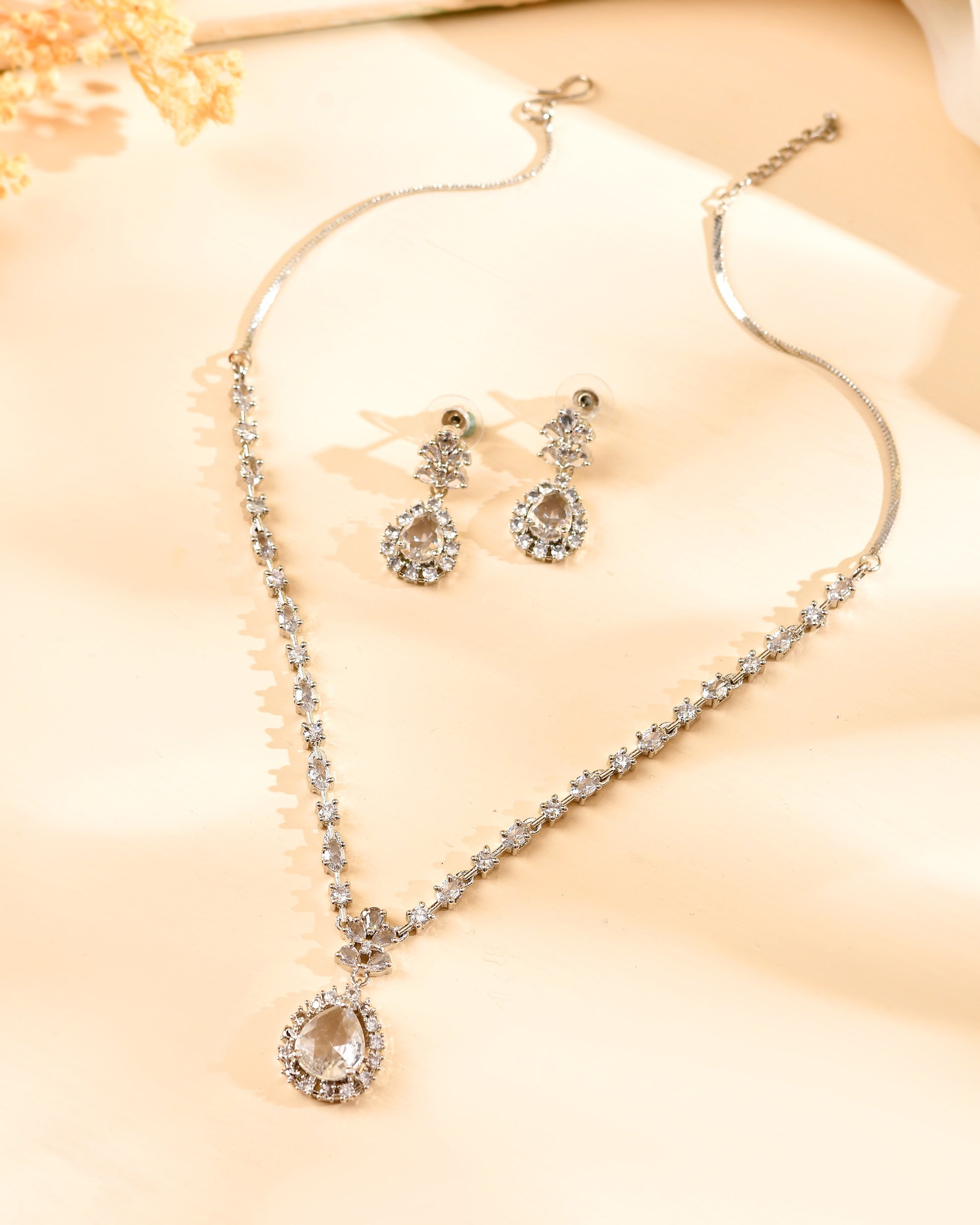 VOJ Silver Plated Drop Shaped Stone With Ad Stone Simple Jewellery Set - Dista