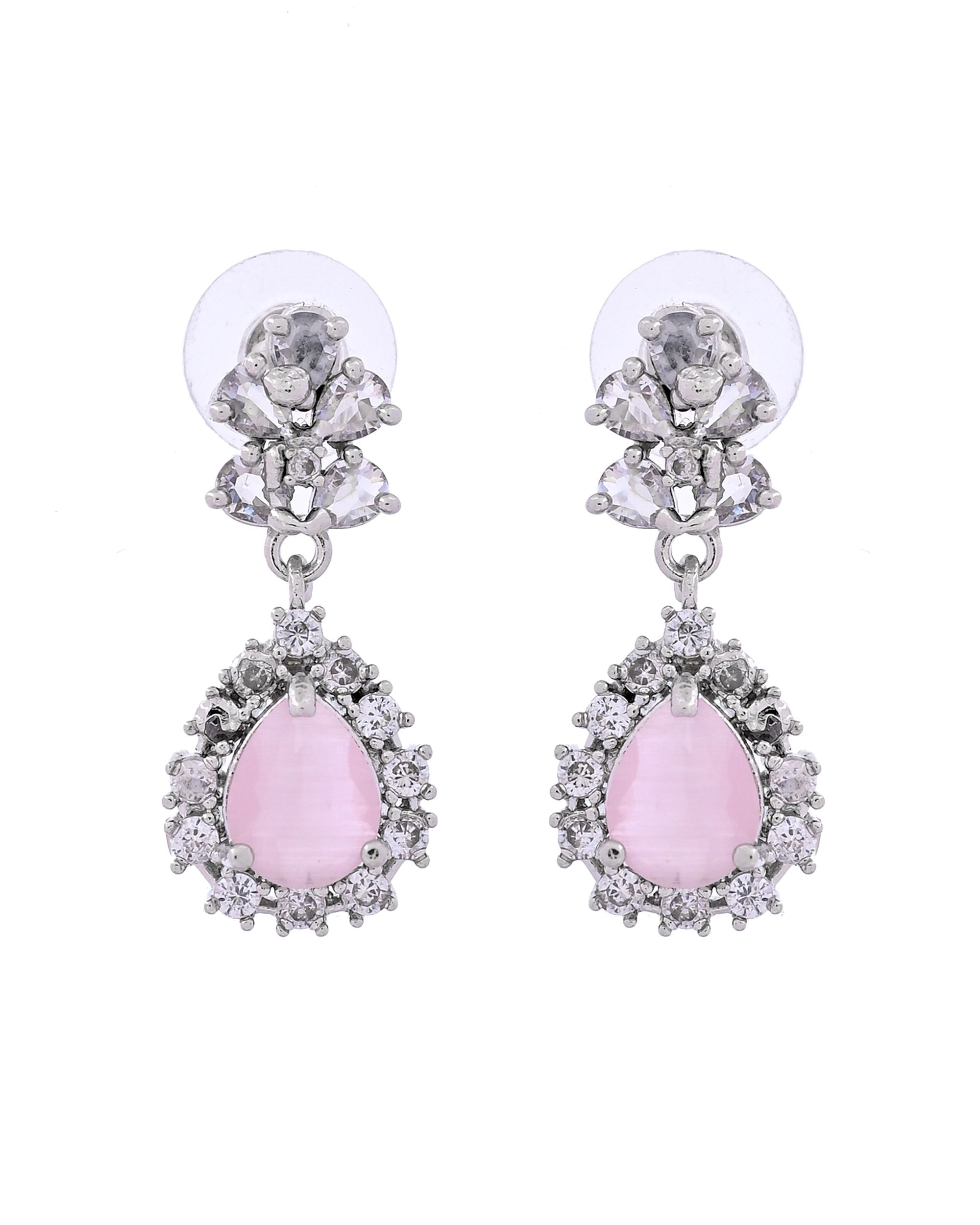 VOJ Silver Plated Baby Pink Drop Shaped Stone With Ad Stone Simple Jewellery Set