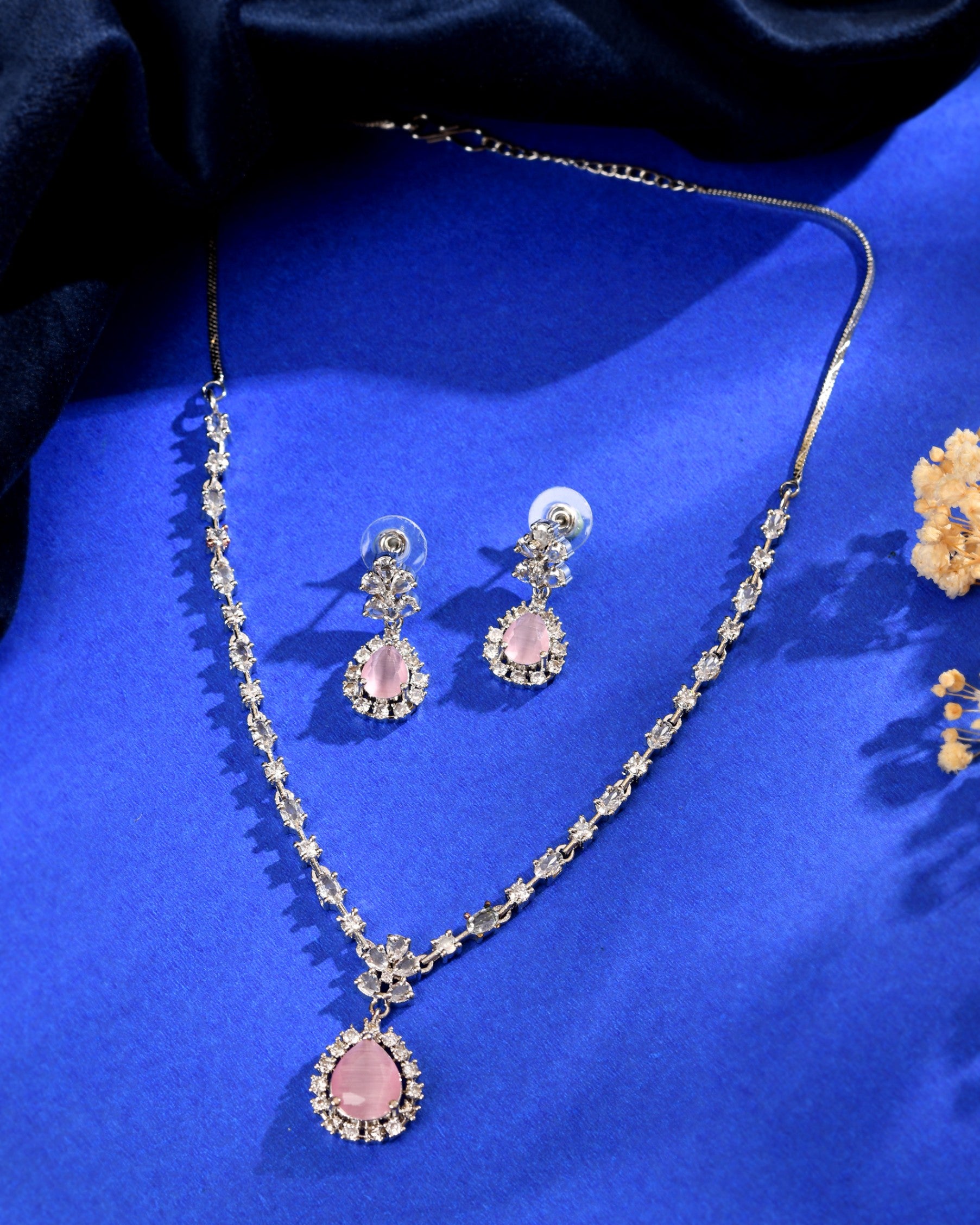 VOJ Silver Plated Baby Pink Drop Shaped Stone With Ad Stone Simple Jewellery Set