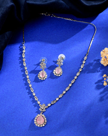 VOJ Silver Plated Baby Pink Drop Shaped Stone With Ad Stone Simple Jewellery Set - Dista