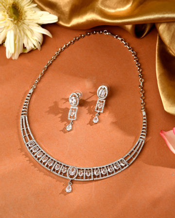VOJ Silver Toned Sea Green Cz Stone Studded Designer Necklace Set - Dista