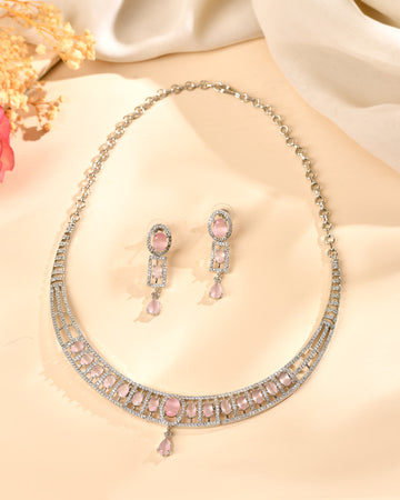 VOJ Silver Toned Baby Pink Cz Stone Studded Designer Necklace Set - Dista