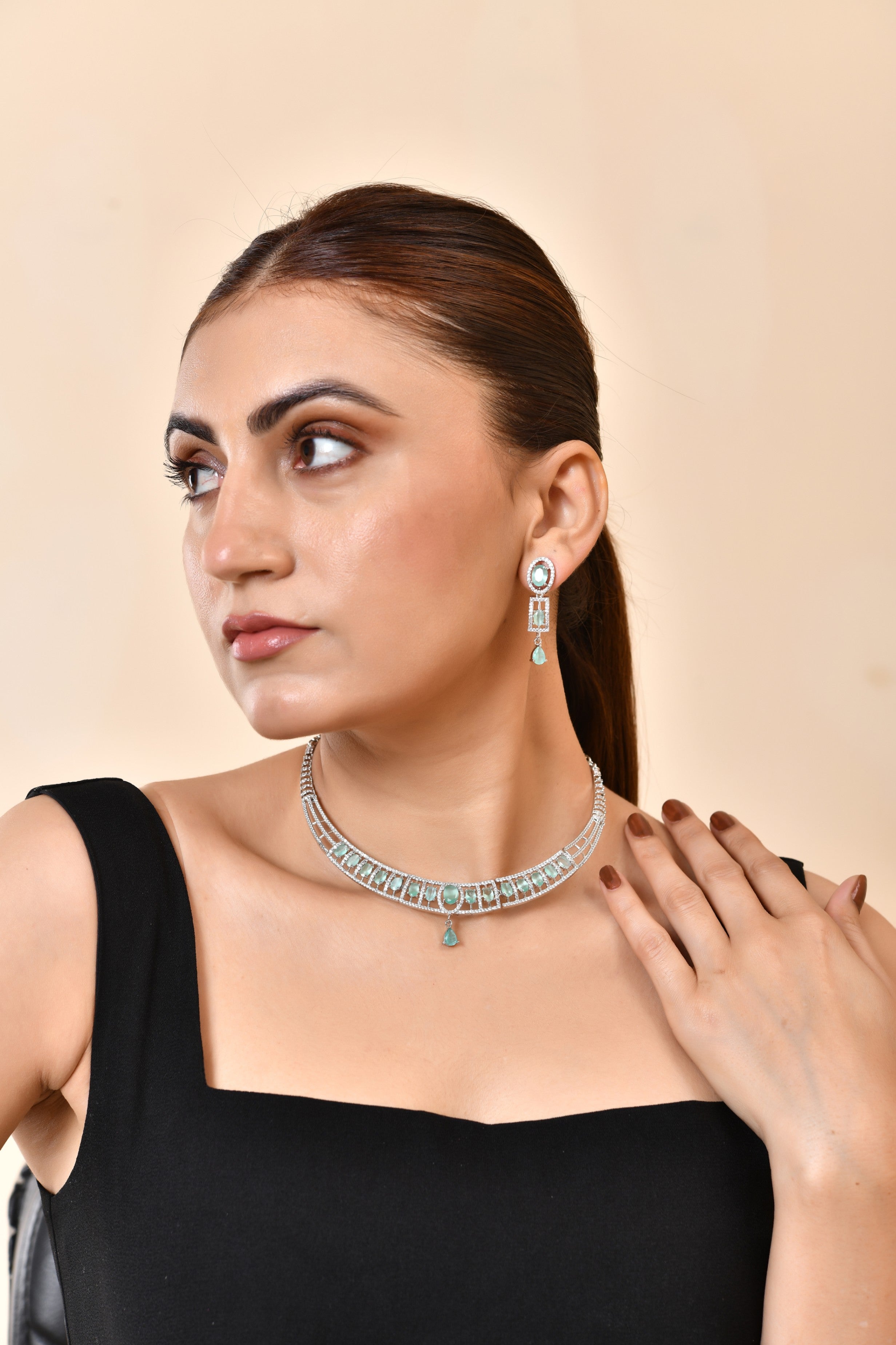 VOJ Silver Toned Cz Stone Studded Designer Necklace Set - Dista