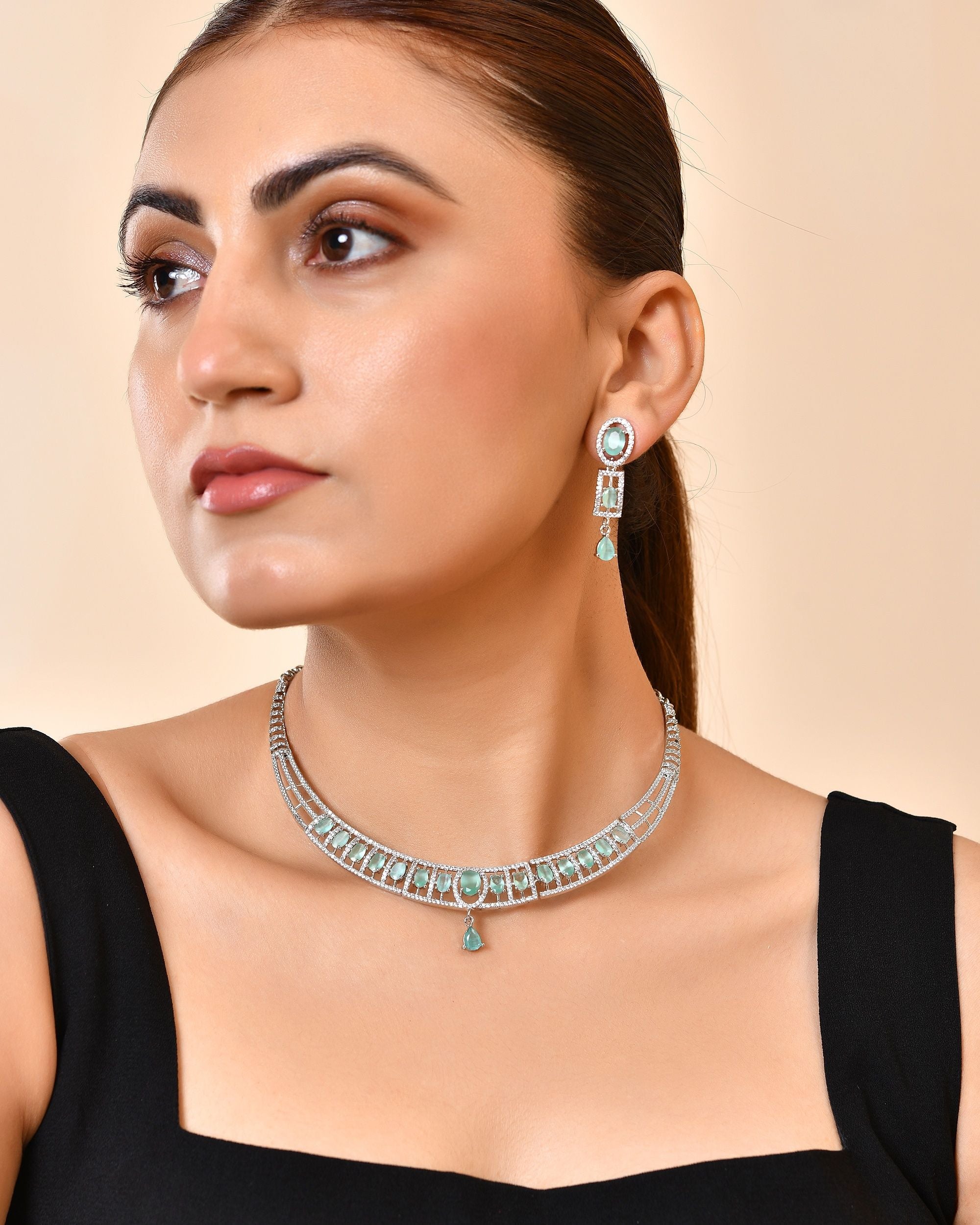 VOJ Silver Toned Cz Stone Studded Designer Necklace Set - Dista