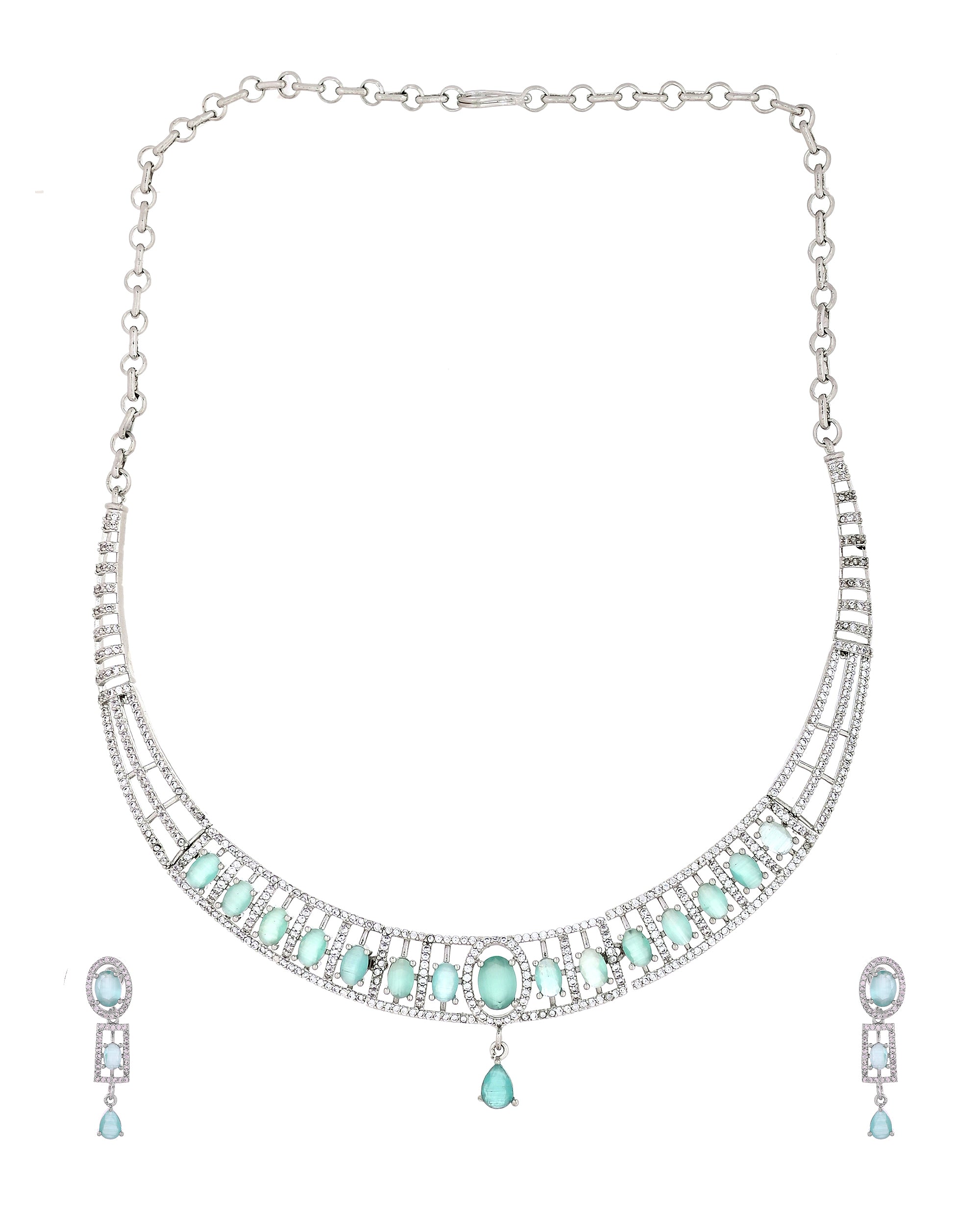 VOJ Silver Toned Cz Stone Studded Designer Necklace Set - Dista