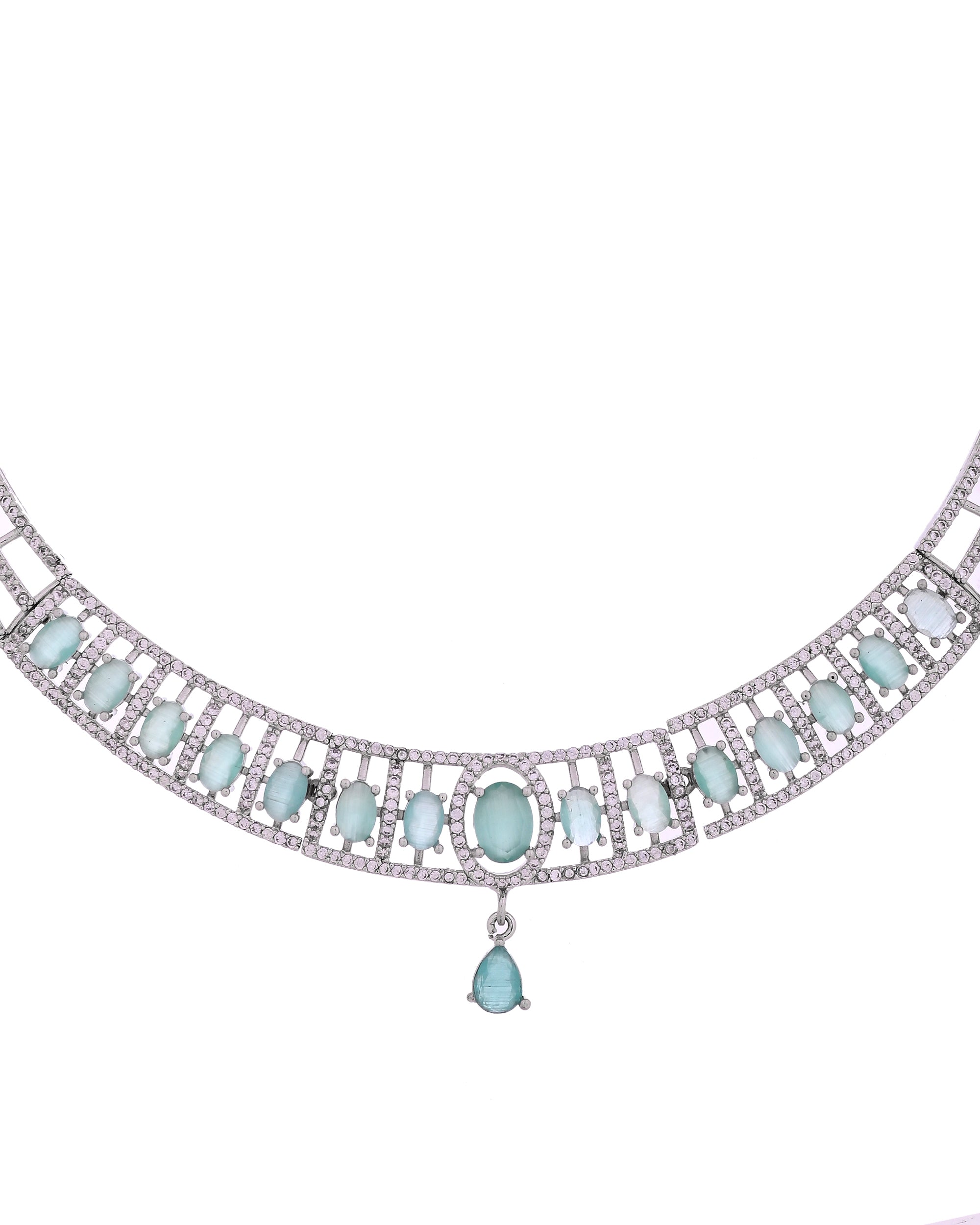 VOJ Silver Toned Cz Stone Studded Designer Necklace Set - Dista