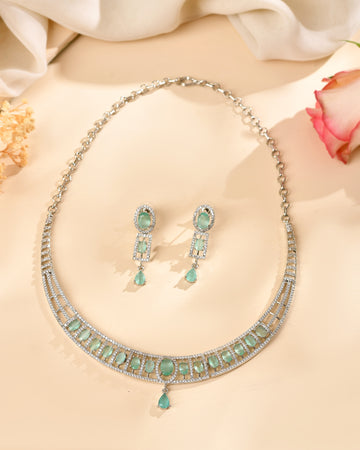 VOJ Silver Toned Cz Stone Studded Designer Necklace Set - Dista