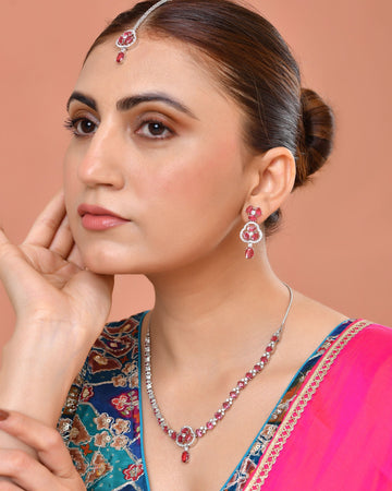 VOJ Silver Plated Ruby Red Stone Studded Ad Jewellery Set With Maang Tikka - Dista
