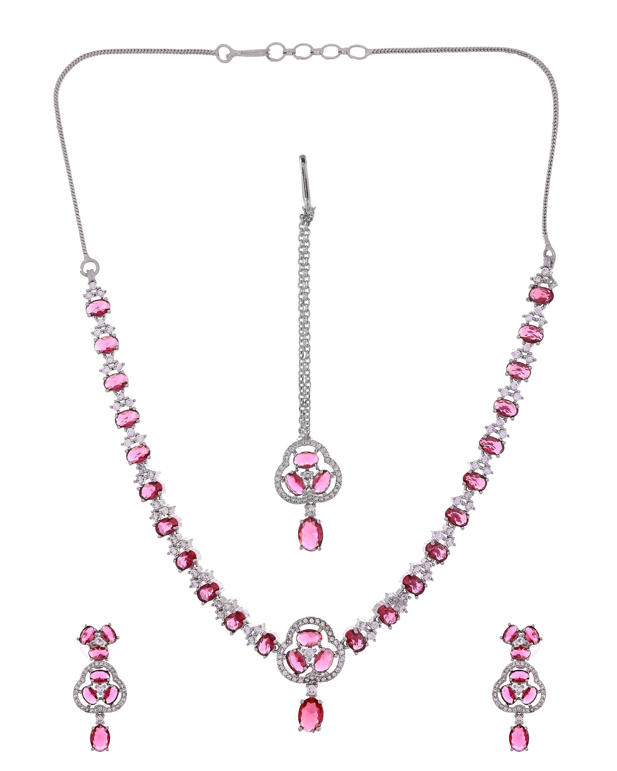 VOJ Silver Plated Ruby Red Stone Studded Ad Jewellery Set With Maang Tikka - Dista
