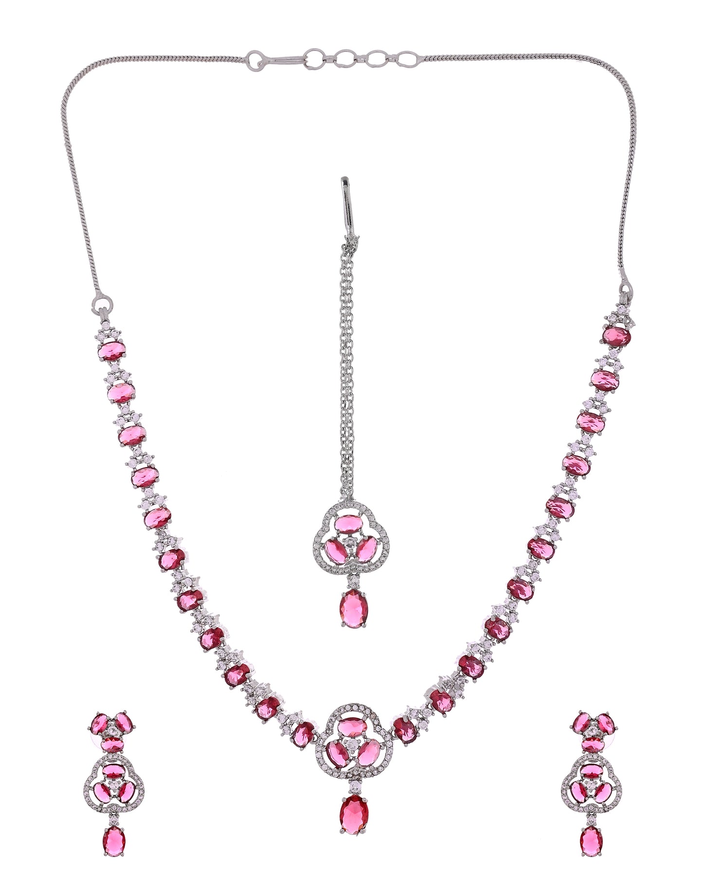 VOJ Silver Plated Ruby Red Stone Studded Ad Jewellery Set With Maang Tikka - Dista